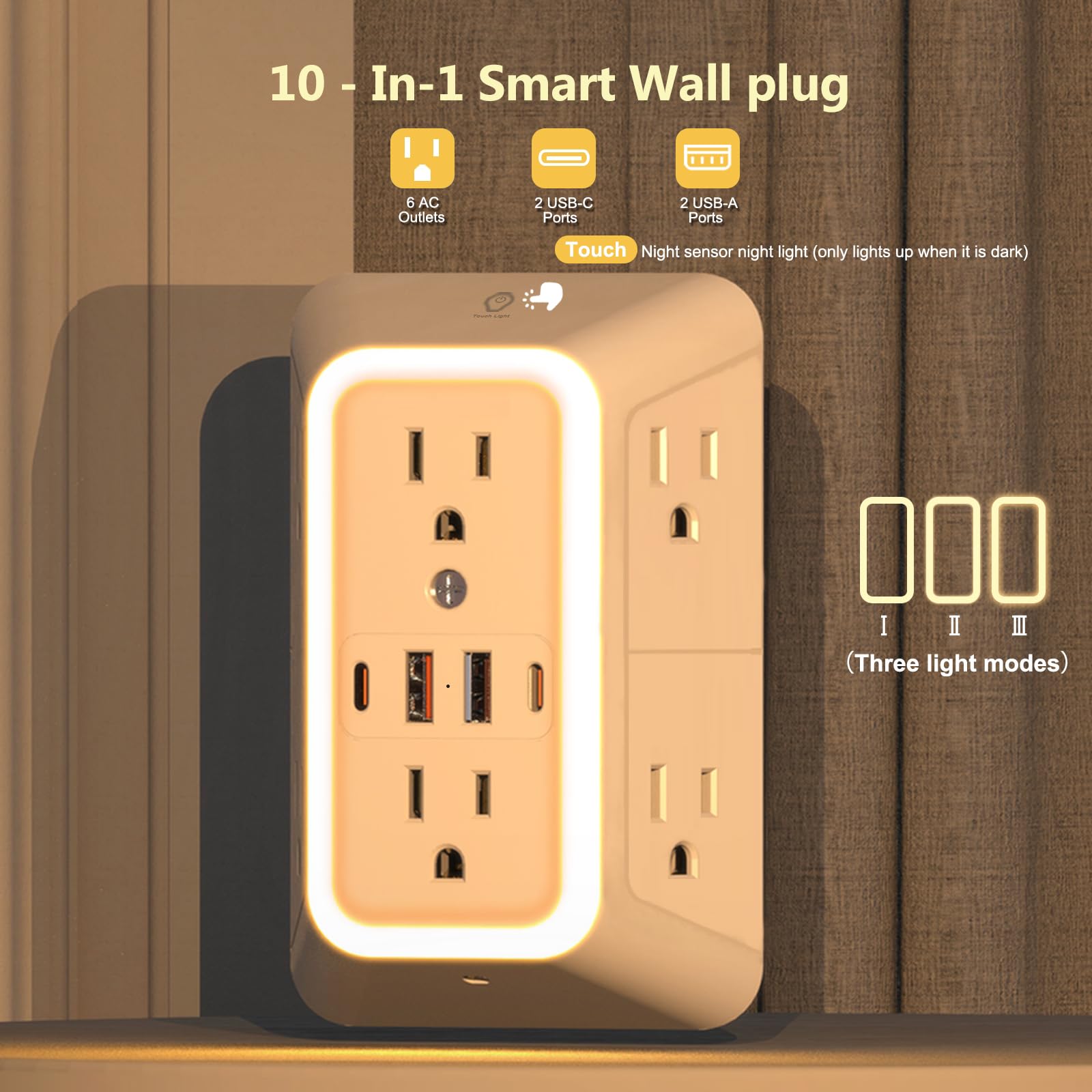 Extensor de salida con luz nocturna, protector de sobretensiones de enchufe múltiple, divisor de 6 salidas con 4 salidas USB (2 USB A, 2 USB C) Adaptador de pared de 3 lados para el hogar, viajes y