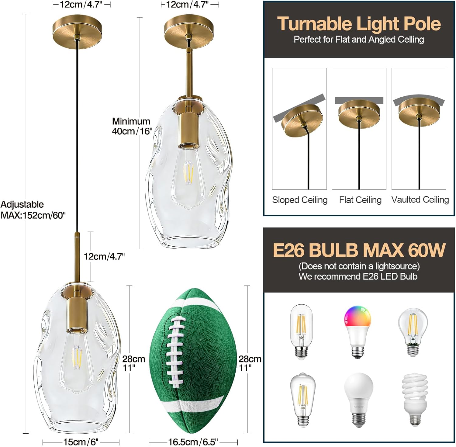 6in Modern Kitchen Pendant Lights, Brass Color Pendant Light Fixtures with Hand-Blown Clear Glass Light Fixture for Kitchen Island Sink Dining Room Bedroom Hallway, 1-Light