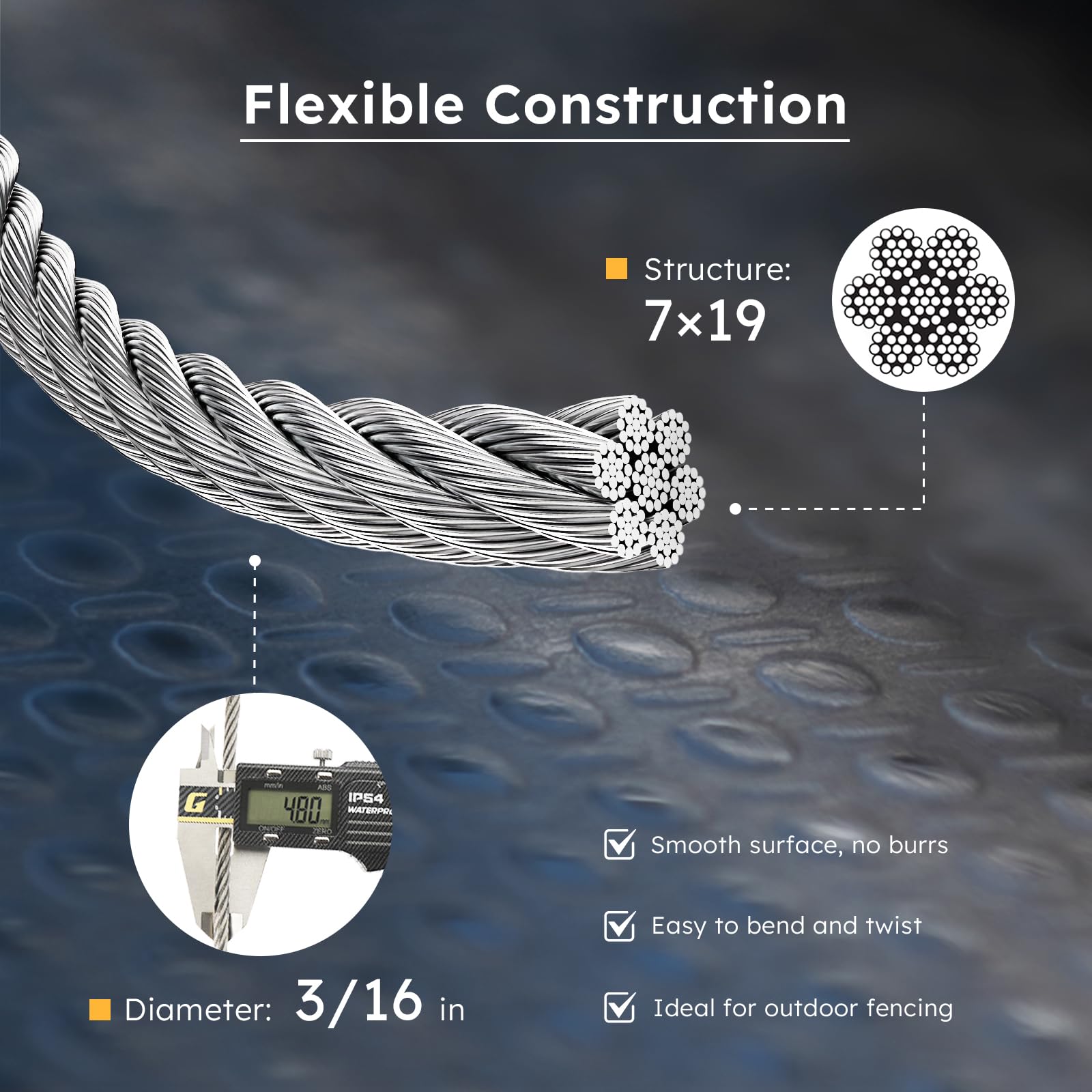 Cable de acero inoxidable de 3/16 pulgadas de 500 pies, cuerda de alambre de acero inoxidable 304 de 7 x 19, resistencia a la rotura de 3600 libras para sistemas de barandilla de cable de