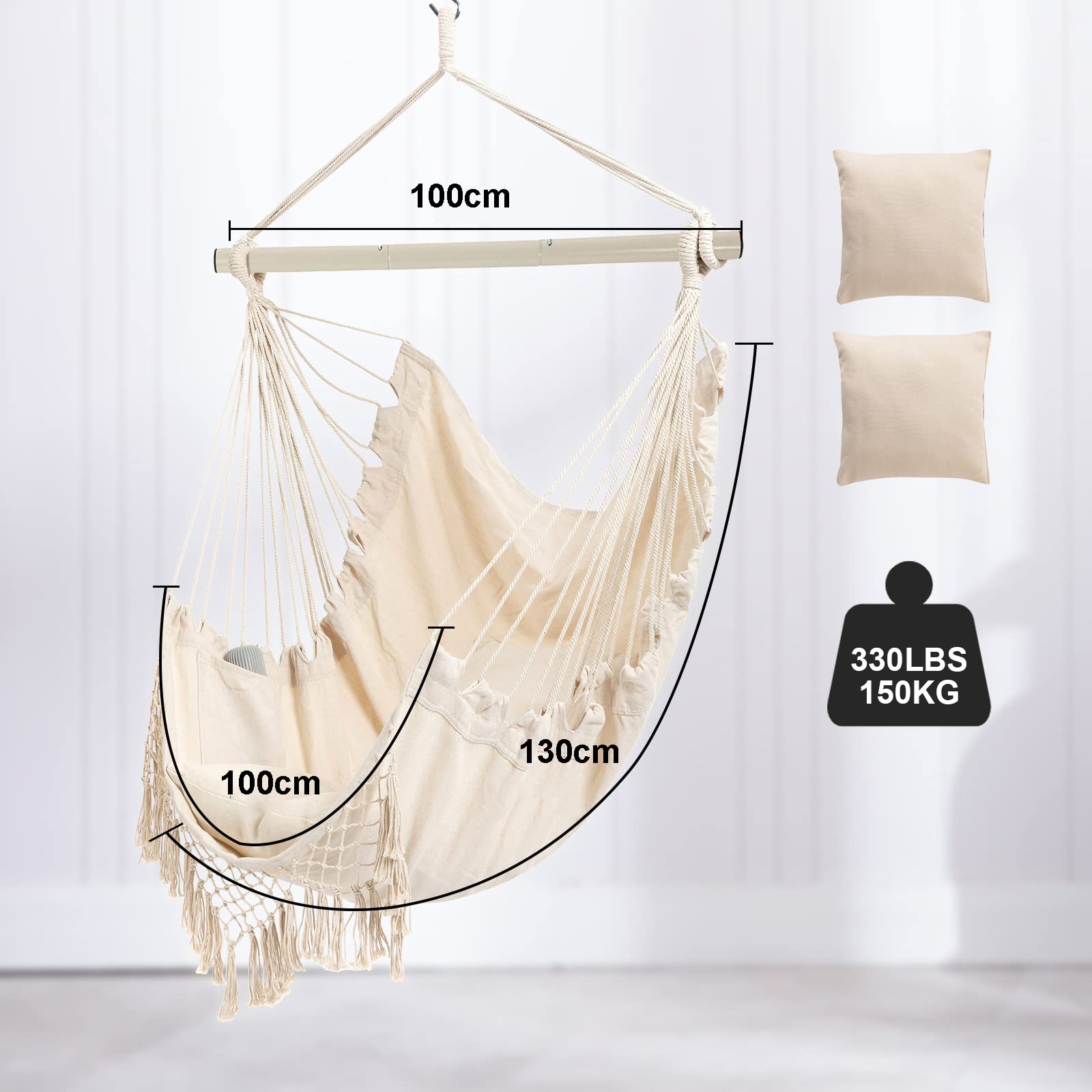Hängesessel für Indoor und Outdoor mit 2 Kissen, Bis 150 kg, Hängestuhl für Erwachsene, Schlafzimmer und Garten
