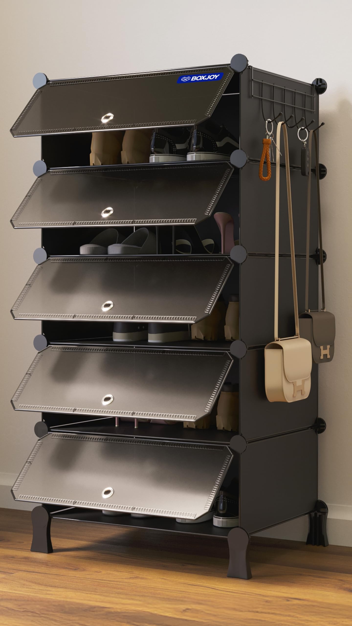 𝟓 𝐒𝐡𝐞𝐥𝐟 Shoe Rack with Door 𝐌𝐚𝐠𝐧𝐞𝐭𝐬 & 5 𝐇𝐨𝐨𝐤 𝐒𝐭𝐞𝐞𝐥 𝐇𝐨𝐥𝐝𝐞𝐫 for Home Storage PP Plastic Box Organizer with Metal Door Frame, Chappal Slipper Sandals Stand (Black)-image-4