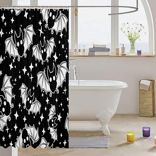 Miniatura 10 de Juego de cortinas de ducha de baño con fantasmas blancos, gatos negros, murciélagos, decoración de Halloween, cortinas de baño impermeables para