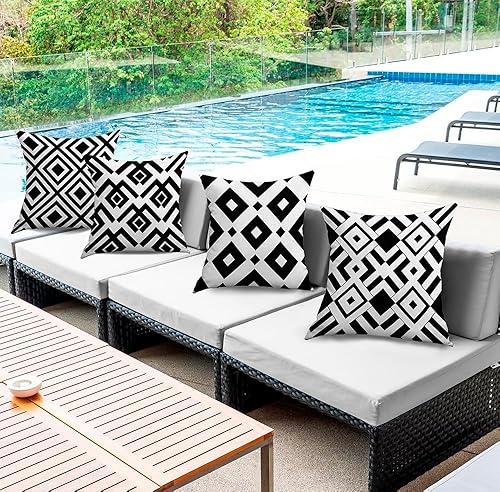 chiinvent Juego de 4 fundas de almohada a cuadros blancos y negros para exteriores, impermeables, modernas, geométricas, para muebles de patio,