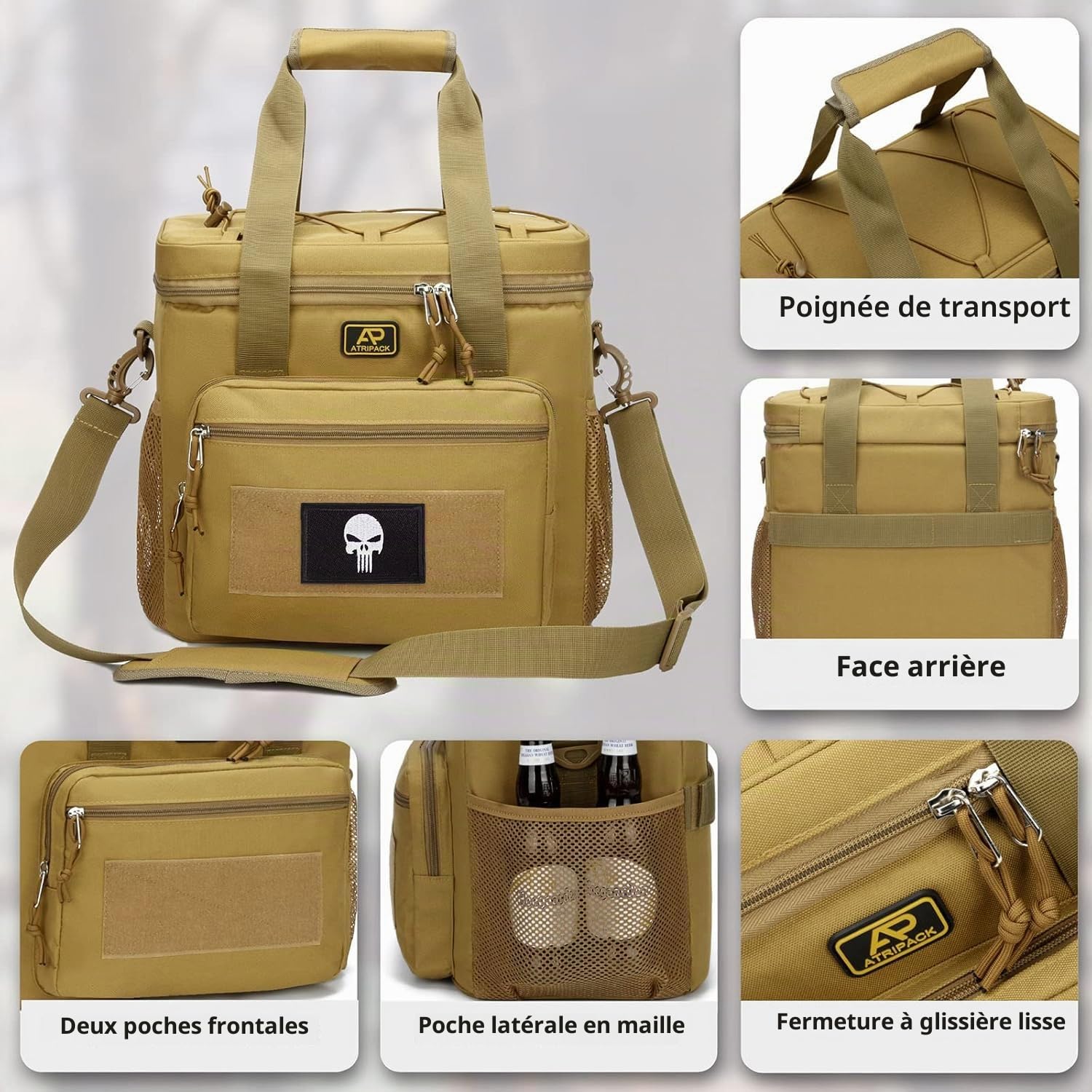 Sac Isotherme Tactique 22L Homme, glacière adaptée au Travail | Grande glacière tactique repas, bandoulière ajustable amovible, doublure isolante étanche, sac souple adapté à la pêche