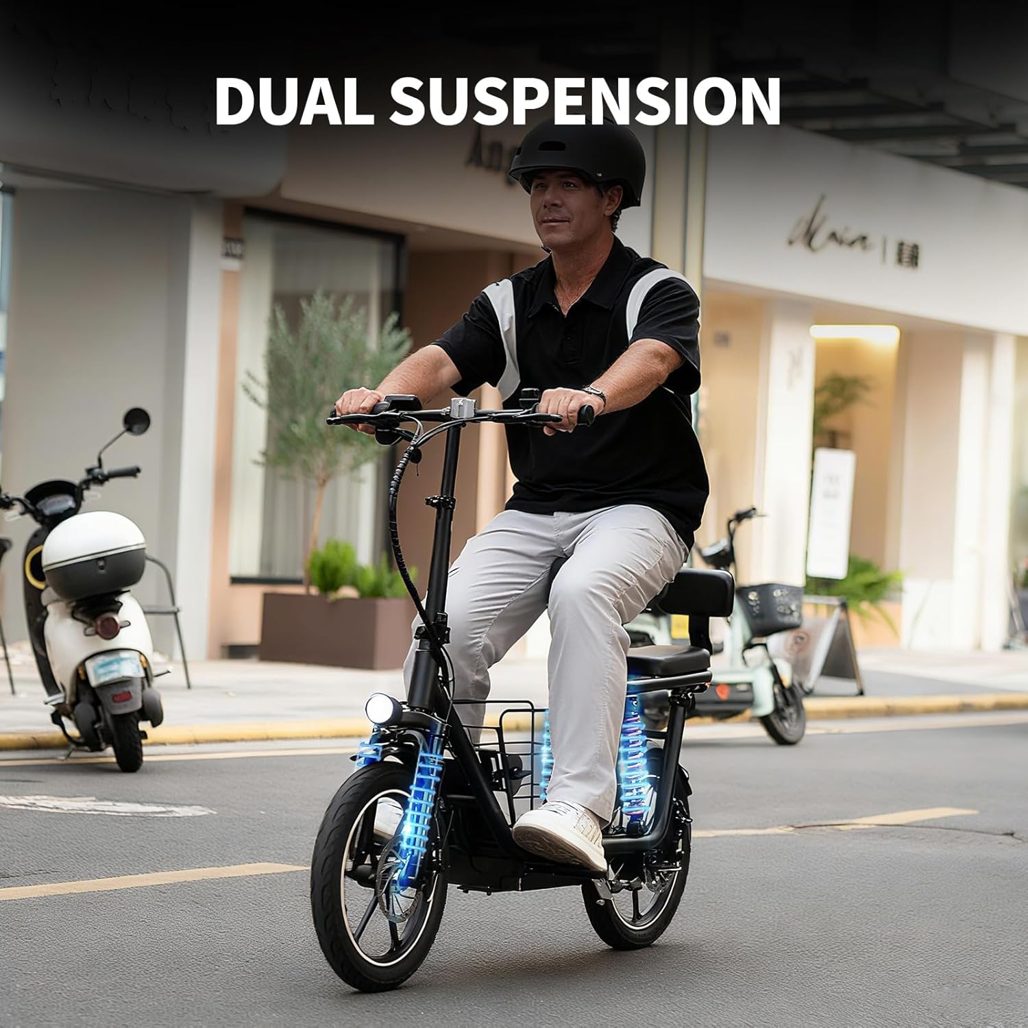 Electric Scooter for Adults with Seat, 40 Mile Range and 20MPH, 819W Peak Motor, Dual Suspension, Cruise Control,Plus