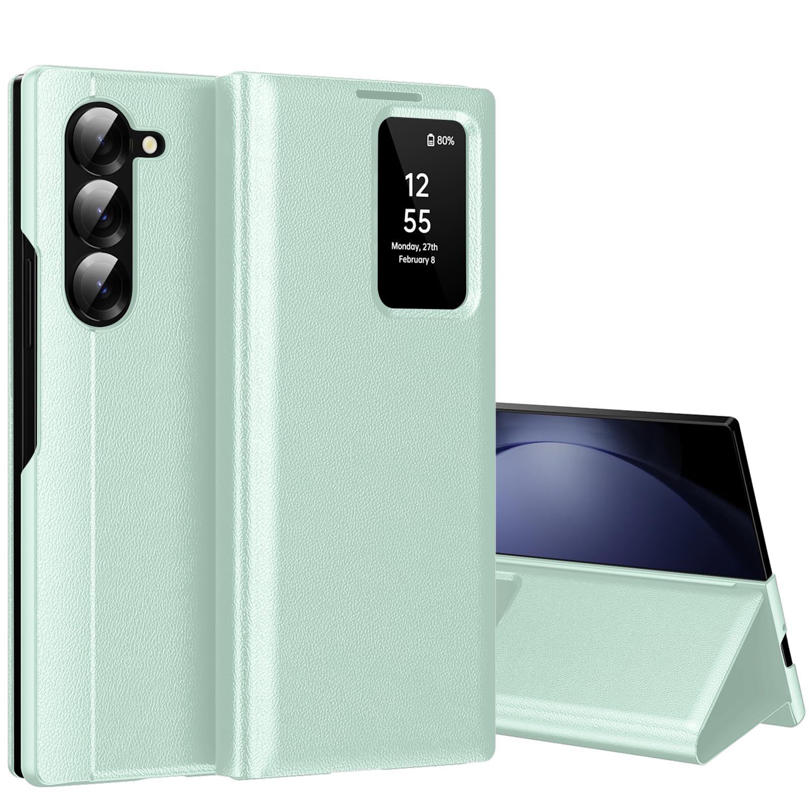 for Samsung Galaxy Z Fold 5 with Smart Small Screen View, S-View Wallet Phone Case, for Samsung Fold 5 Case Smart Window Cover, Smart Flip Leather Protective Cover for Samsung Z Fold5 Green