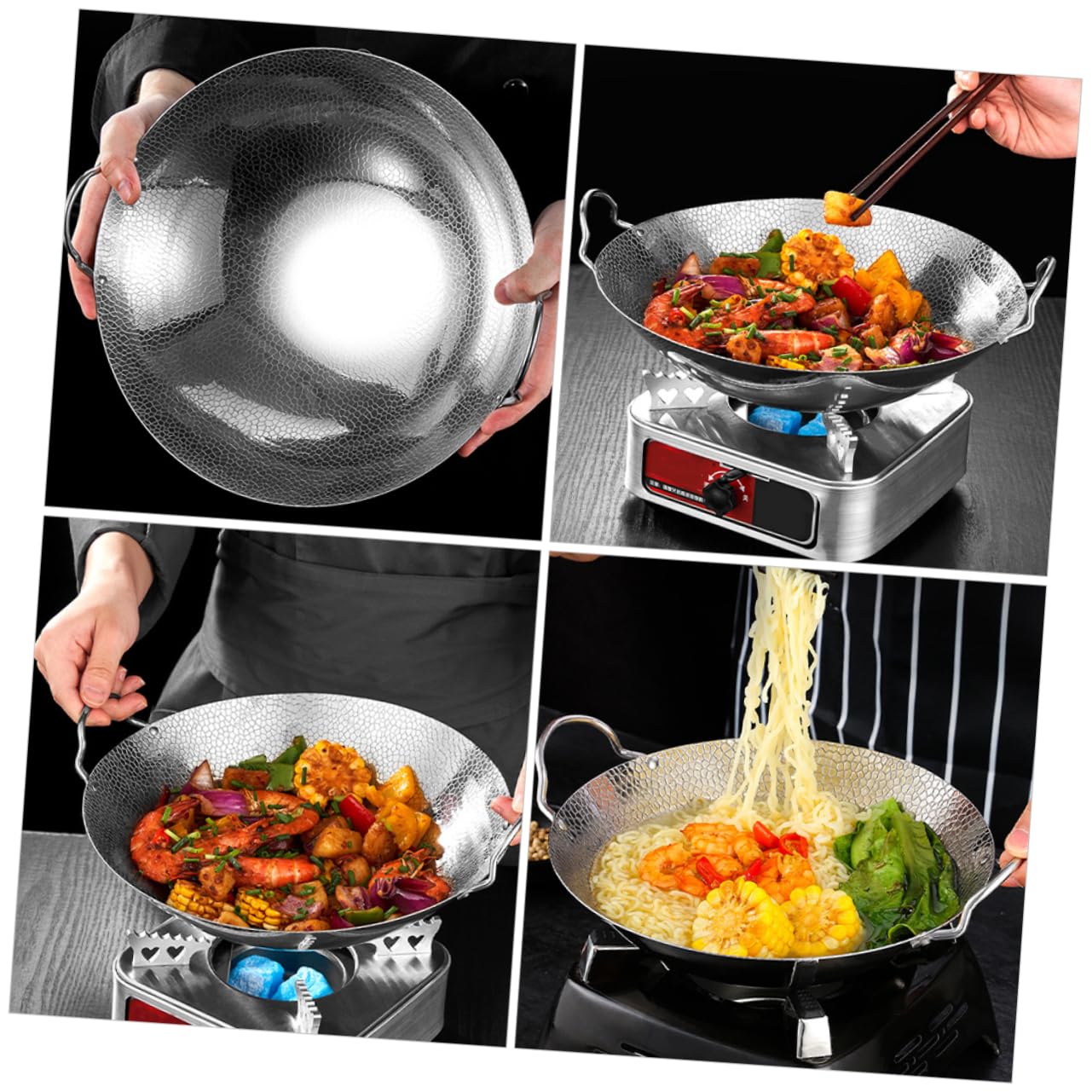 EXCEART Wok in Doppi Manici per Cucinare Pentola da Cucina in Acciaio Inossidabile Utensile da Cucina Wok Doppi Manici Pentola da Manico in Piccole Pentole