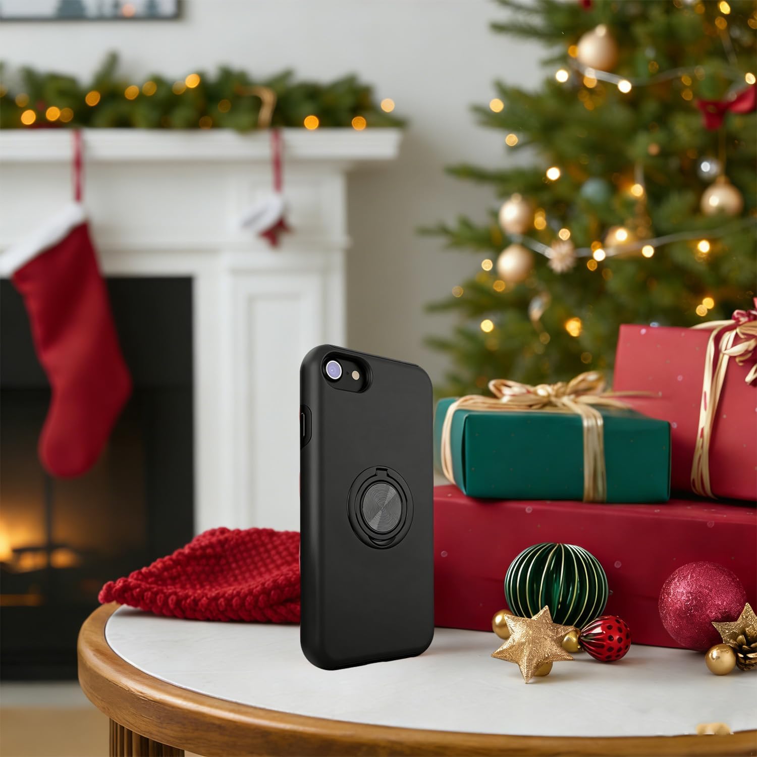 for iPhone SE 2020/2022 Case with Tempered Glass Screen Protector, Hybrid Protective Slim Fit Case with Invisible Magnetic Ring Kickstand, Black - Image 2