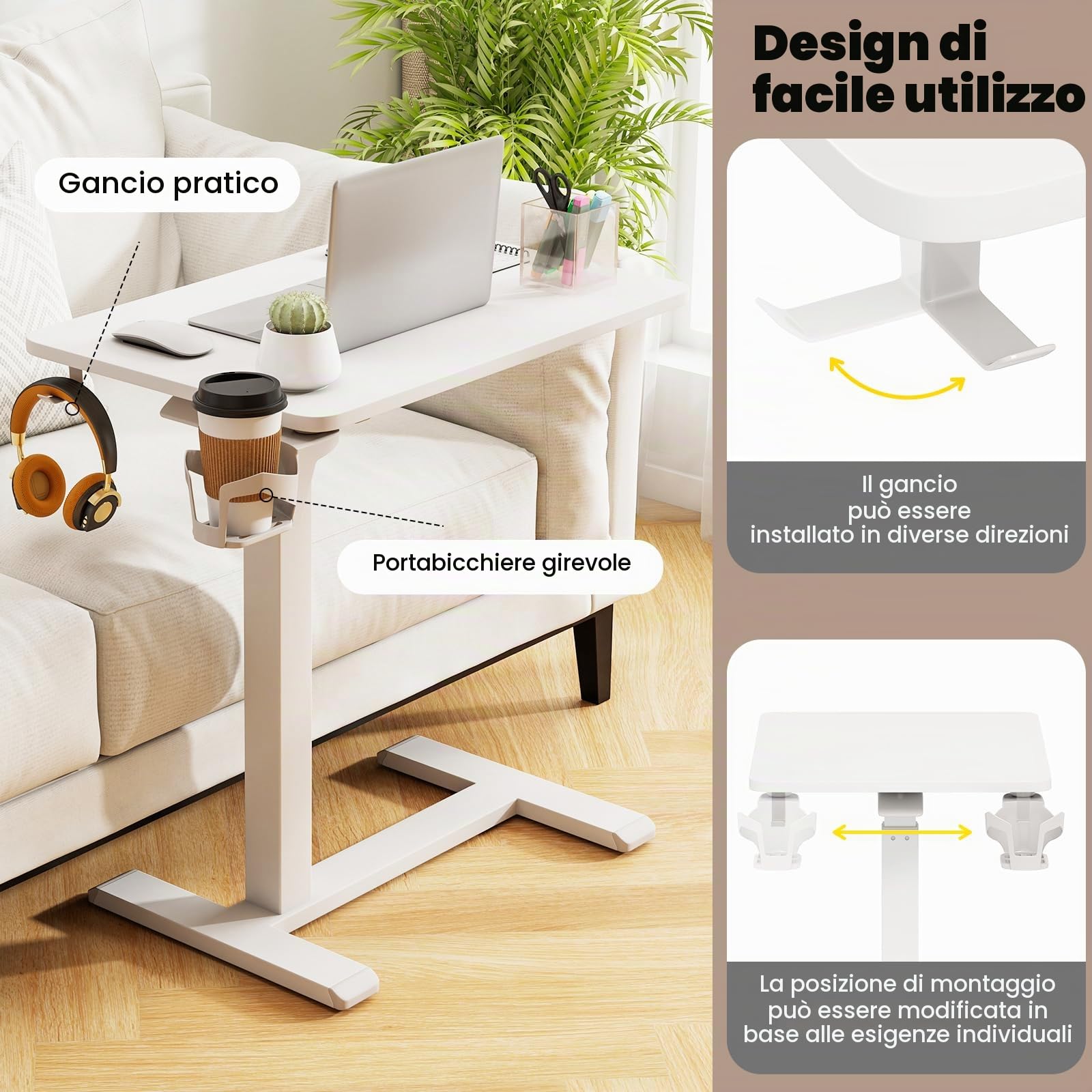 LIFEZEAL Tavolino da Divano a Forma di C, Altezza Regolabile, Tavolino Laterale per Letto, con Ruote Nascoste, Portabicchiere, Ganci Cuffie, Porta Laptop, PC, Serviletto, Soggiorno, Salotto (bianco)