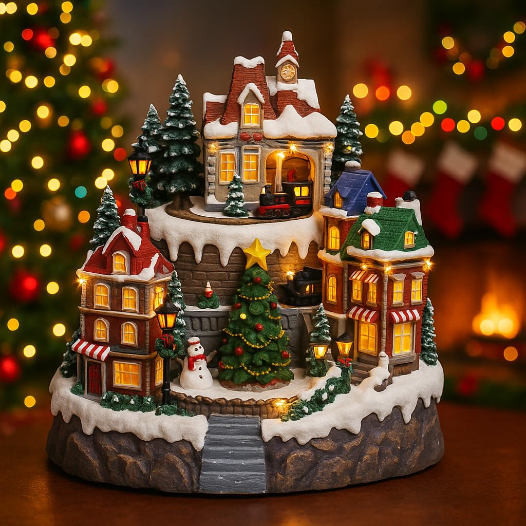 VARZI Carillon Natalizio Villaggio Luminoso con Trenino, Case e Albero di Natale, 37 LED fissi, Decorazione Festiva Interna, Perfetta per Le Feste 30cm 1956