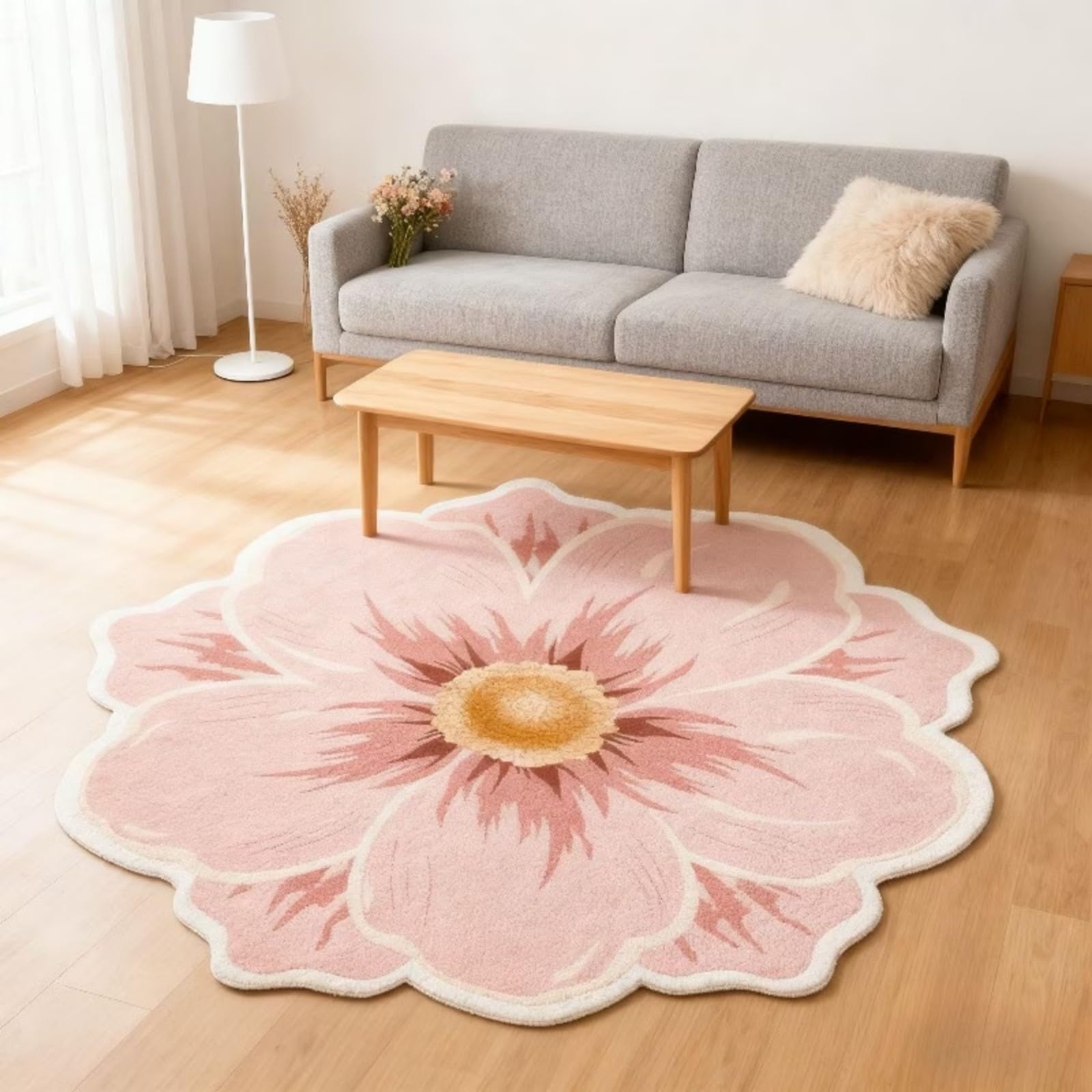 WAOTMN Pink Circle Rugs for Living Room 230cm Irregular Flowe Shape Stylish Rug,Floral Pink Round Rug Washable with Tpr Rubber Backing Floor Mats for Entryway Door Mat Indoor Carpet