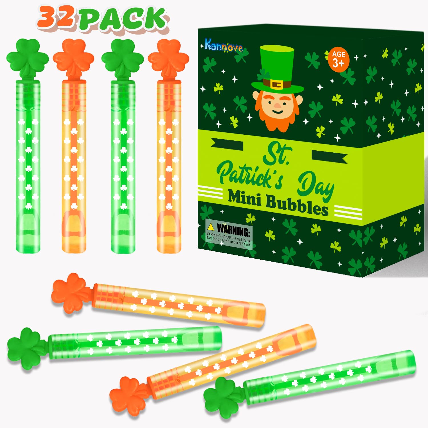 Kannove St Patricks Day Party Favor Toys Gifts for Kids 32 Pack, Small Mini Bubbles Wand for Toddlers, Saint Patricks Party Accessories Decorations, Classroom Treats Goodie Bag Stuffers for Boys Girls