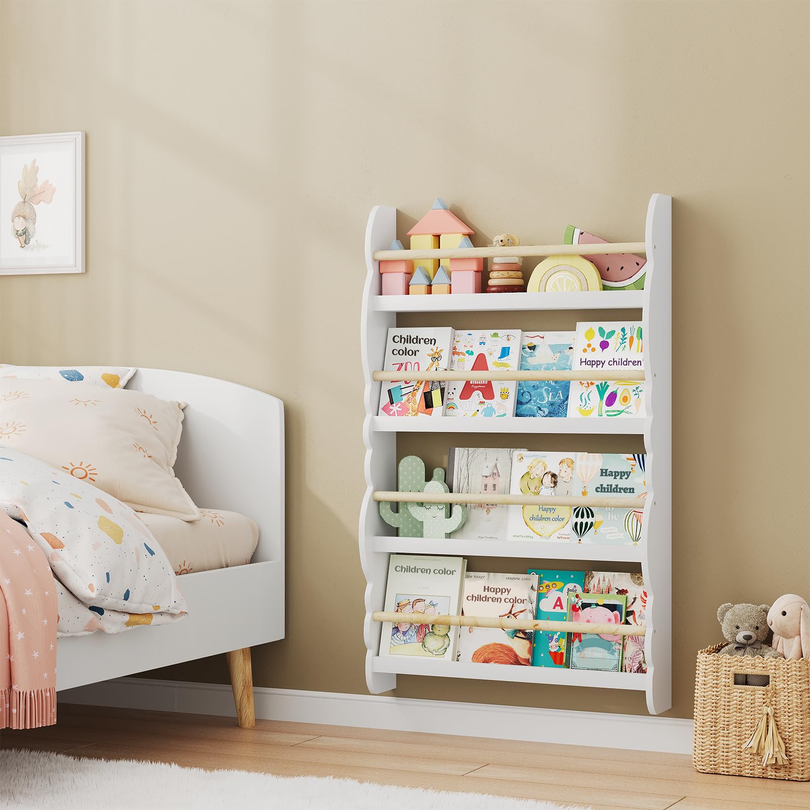 WOLTU Bibliothèque Murale, Étagère de Rangement pour Chambre d'enfants pour Ranger des Livres, 60x14,5x98 cm,Jouets en Bois MDF à 4 Niveaux, Blanc