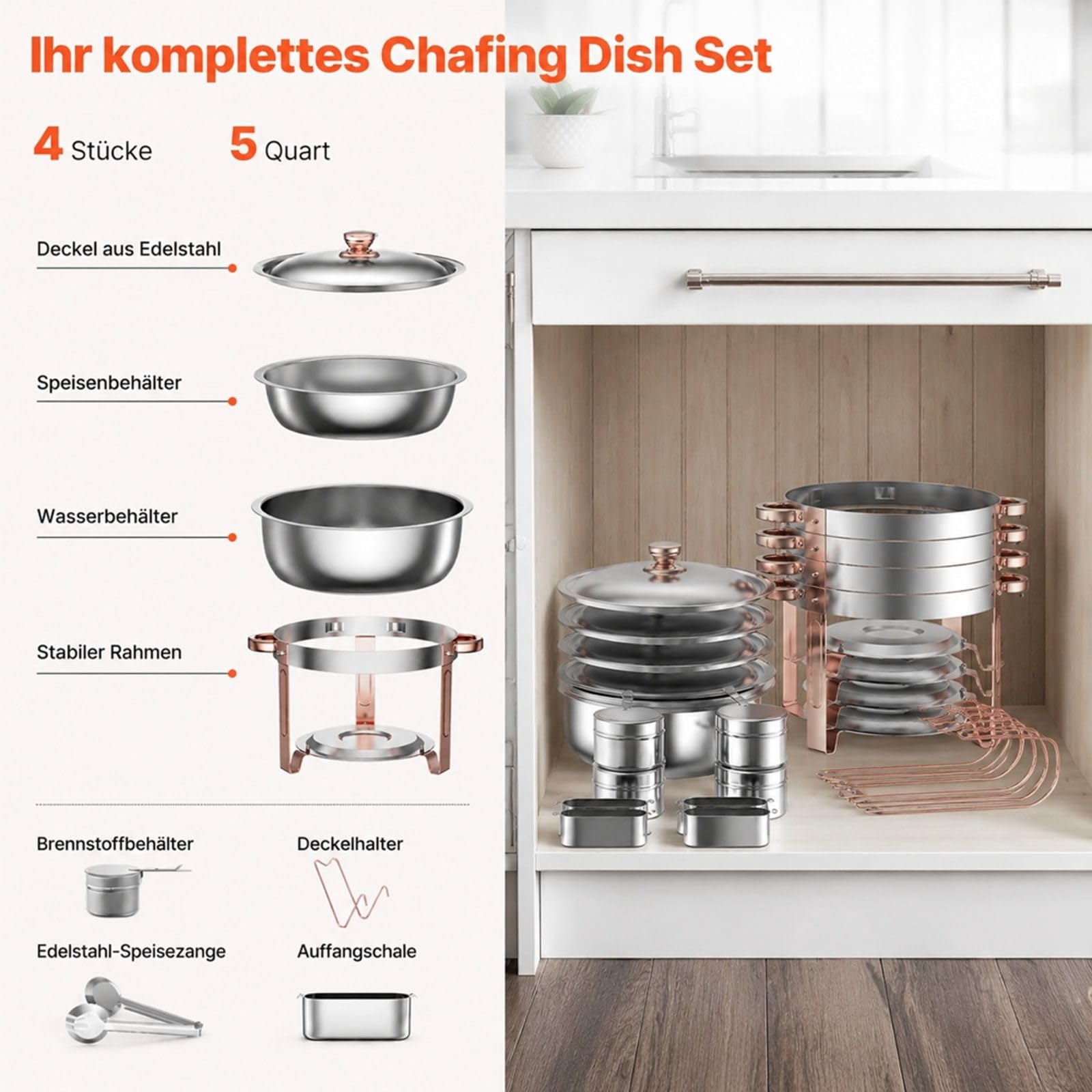 Chafing Dish Set aus Edelstahl, 4 Stück 4,7 L in Roségold mit Deckel für Buffet und Catering
