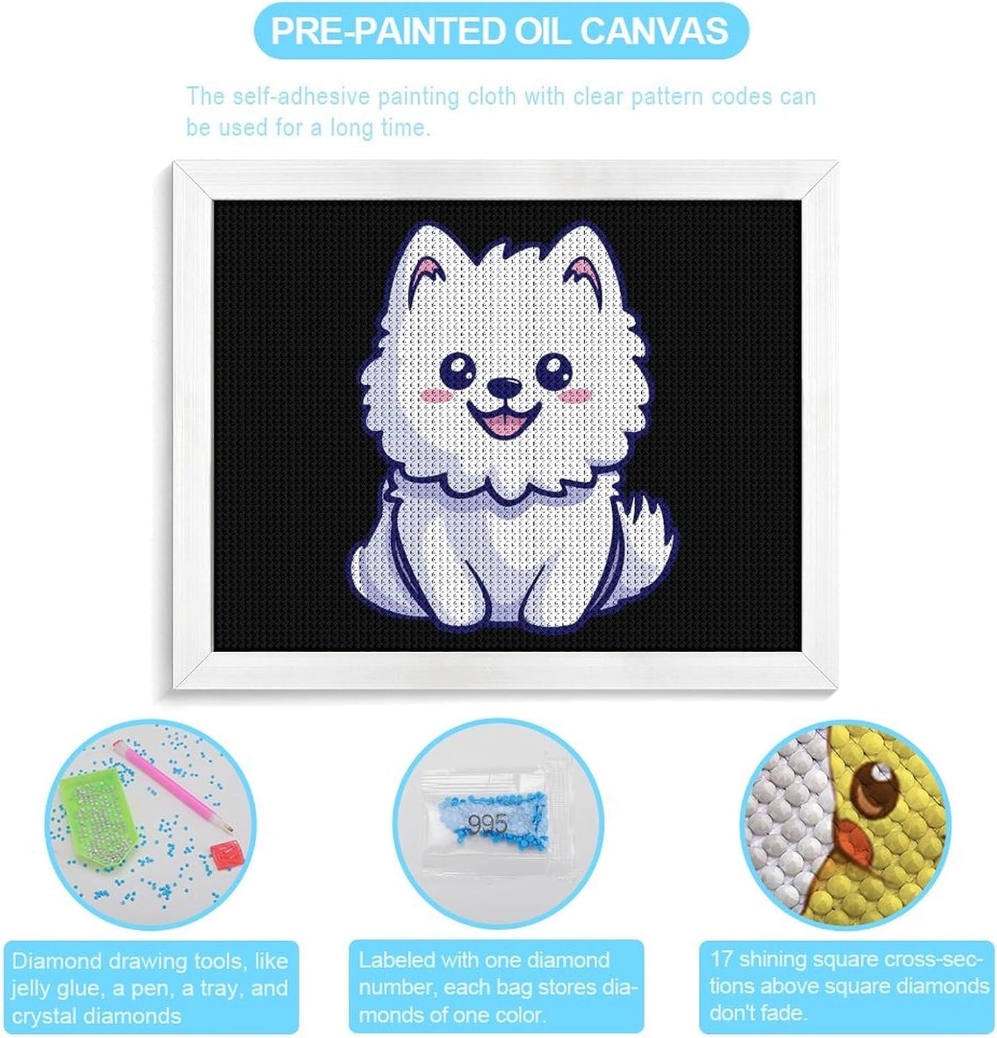 Samoyed Dog Marshmallow Printed Diamond 5D Painting Kit 16x20in DIY Full Drill Craft with Tools for Home Wall Decor Gift White Wood 50 * 40cm