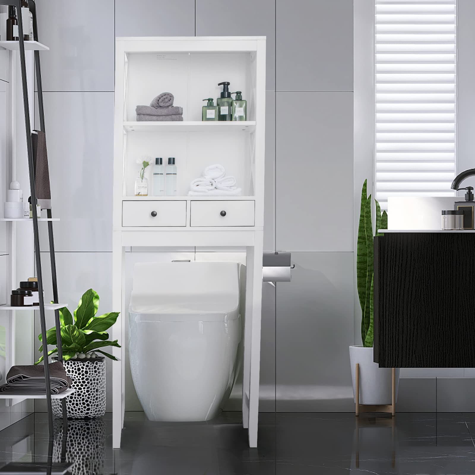 GIANTEX Étagère WC en Bois, Meuble de Rangement au Dessus des Toilettes ou Machine à Laver, Dispositif Anti-basculement, 2 Tiroirs et 2 Étagères, 60 x 20 x 165,5 cm, Blanc