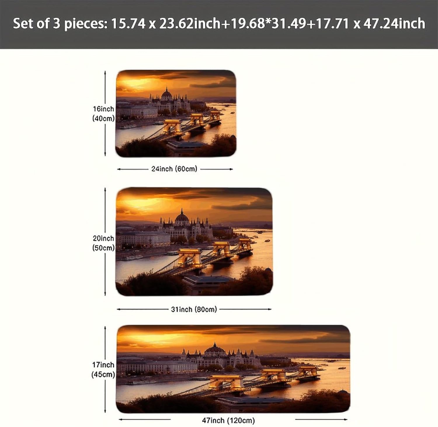 Sunset in Budapest Kitchen Rugs Sets of 3 Non Slip Kitchen Mats for Floor Farmhouse Kitchen Sink Mat Thick Comfort Standing Mat for Laundry Room Hallway Bathroom