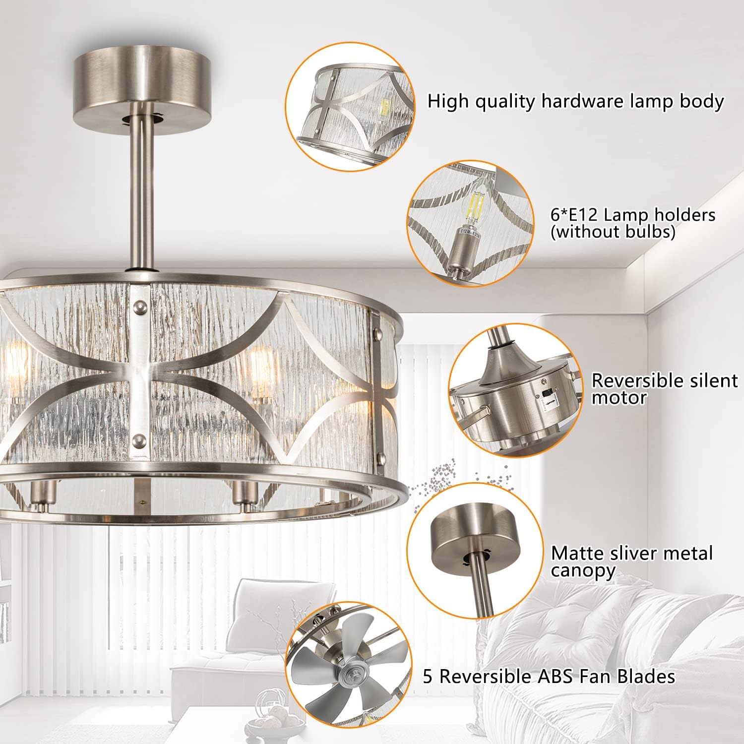 52" Crystal Ceiling Fan with Lights Remote Control, Black Farmhouse Chandelier Fan, Indoor Rustic Fandelier with 5 Reversible Wood Blades for Decorate Living Room Bedroom