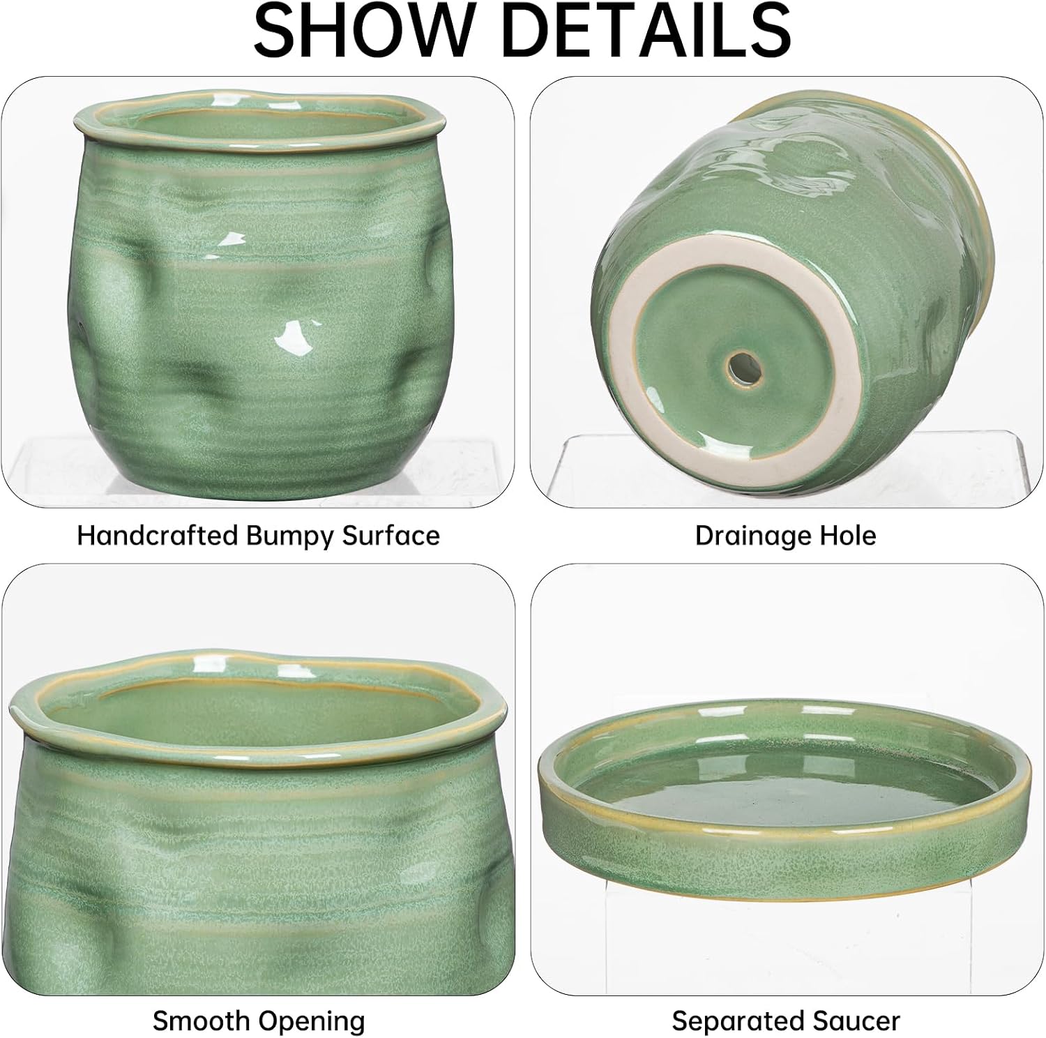 5.7 inch Ceramic Pots for Plants, Plant Pot with Drainage Hole and Saucer Sage Green Ceramic Indoor Planter with Tray Decorative Flower Pots for Succulent, Cactus, Snake Plant, Herb Indoor Outdoor