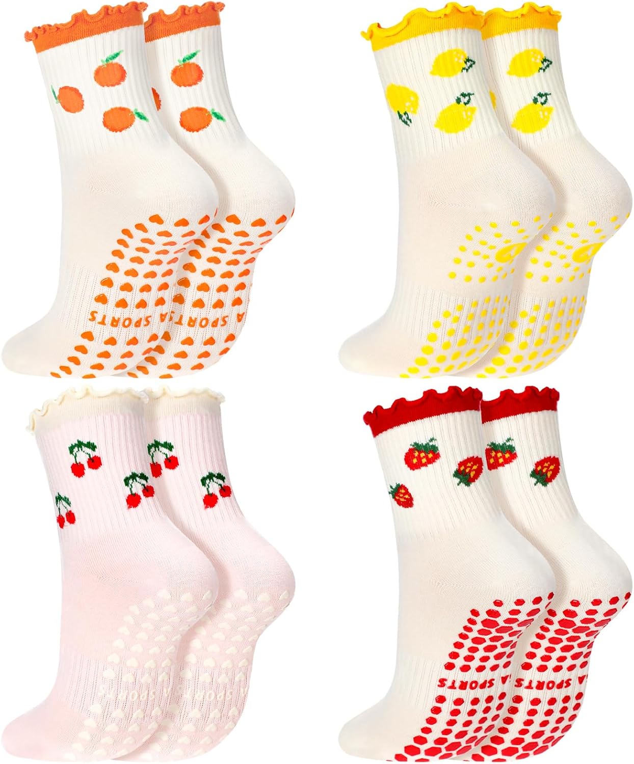 Jeyiour 4 Pairs Cute Pilates Socks with Grip for Women Cute Fruits Polka Dot Socks with Grips Non Slip Yoga Barre Crew