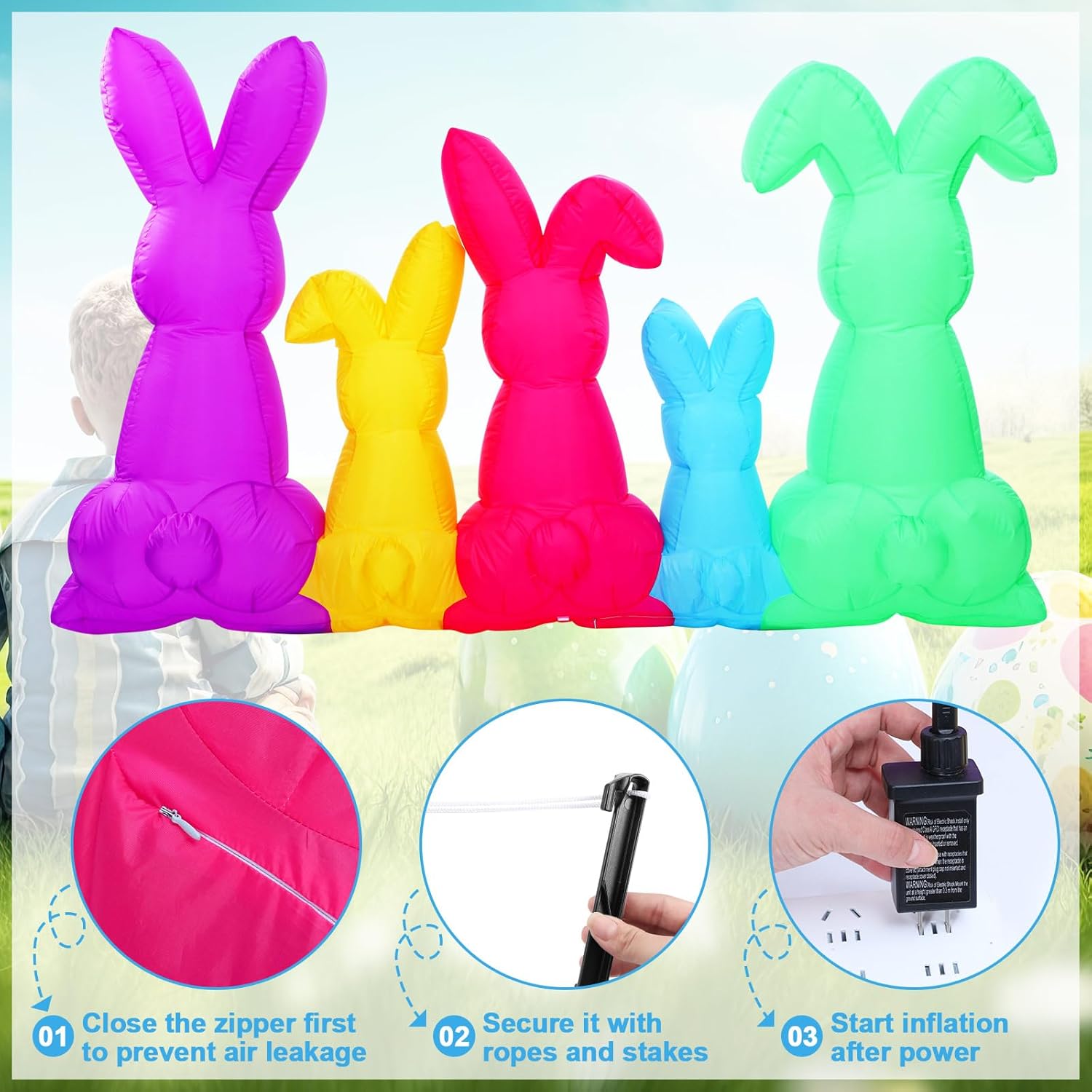 6 ft Long Easter Bunny Inflatable Outdoor Decorations, Easter Bunny Blow Up with Built in LED Lights Decor for Holiday Party Indoor Outdoor Yard Lawn Garden DIY Photo Prop