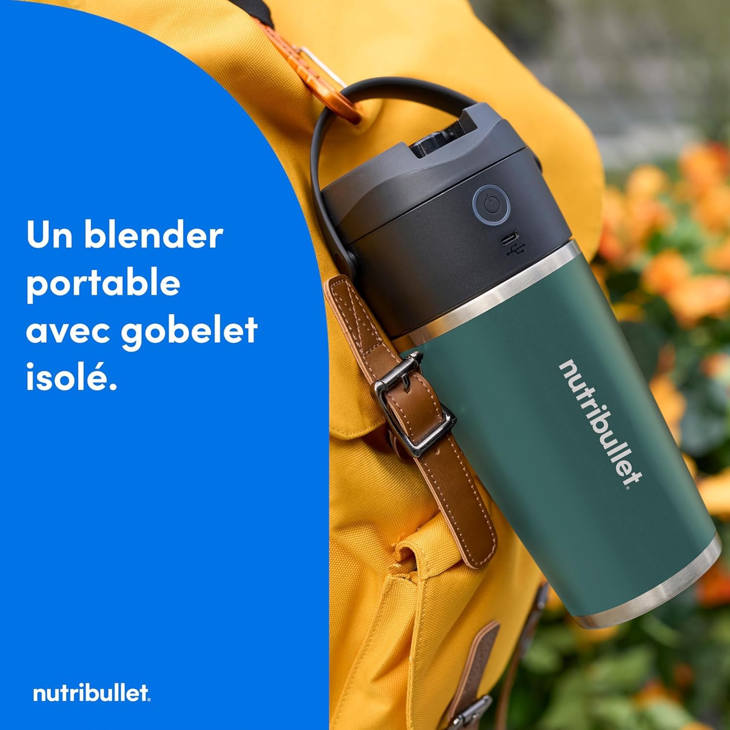 nutribullet Flip NBP016EUC, Blender Portable avec Gobelet Isotherme de 590ml, Conserve le Froid Pendant 24h, Couvercle et Paille Inclus, Chargement USB-C, Acier Inoxydable, Couleur Eucalyptus