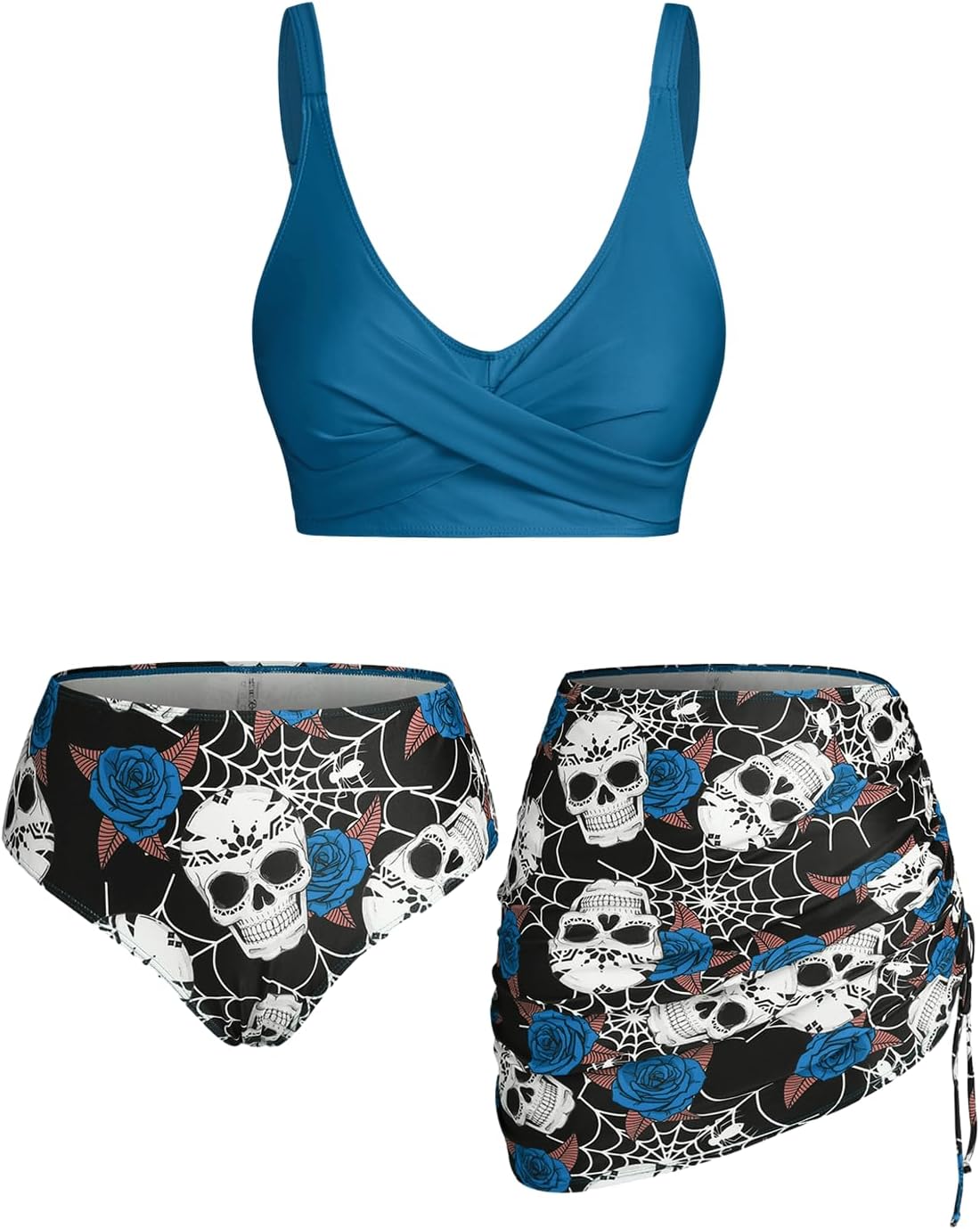 Rosegal Plus Size Women 3 Piece Tankini Swimsuit Gothic Skull Rose Spider Web Print Twist Bathing Suit