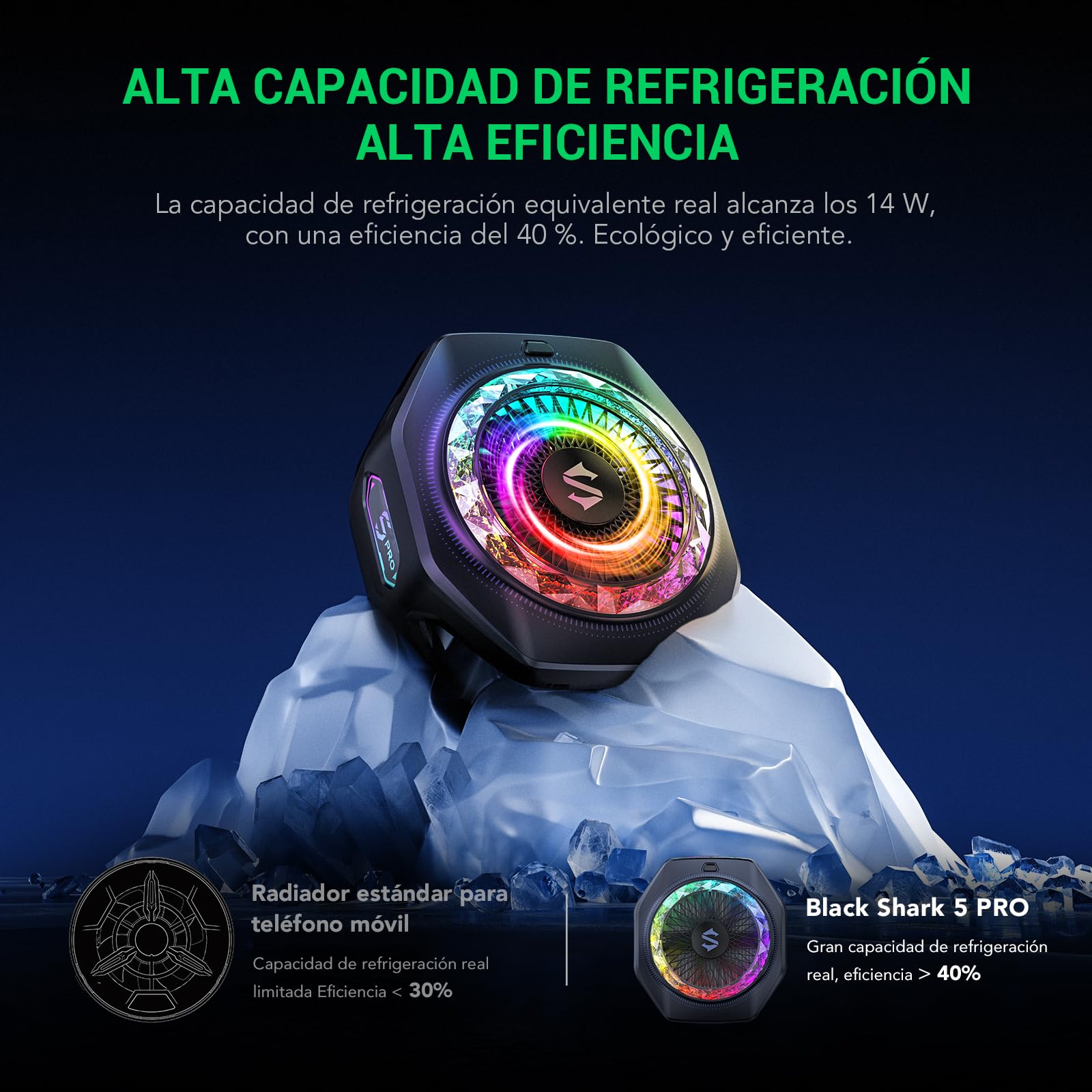 Black Shark Enfriador magnético para teléfono 5 Pro – 18 LED RGB direccionables, agarre desmontable, ventilador de refrigeración termostático controlado por aplicación para iPhone MagSafe/Android/iPad