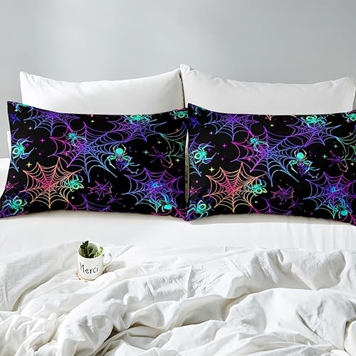 Miniatura 4 de Manfei Juego de sábanas de Halloween tamaño matrimonial, juego de sábanas de araña psicodélica, 4 piezas con sábana bajera de bolsillo profundo +