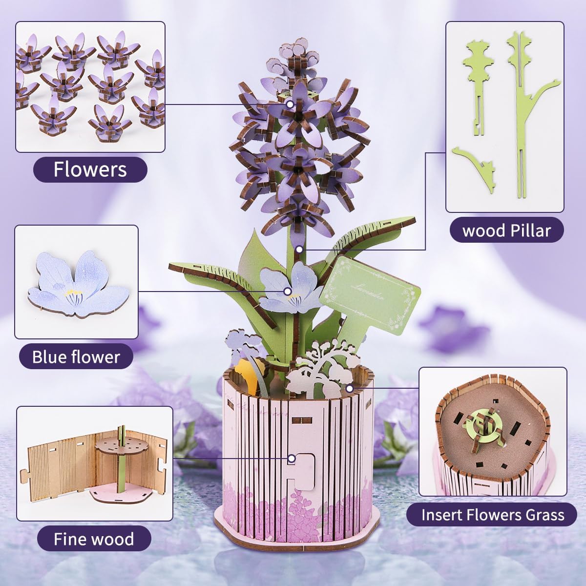 Insgen 3D Wooden Flower Puzzle for Adults, DIY Wooden Bouquet Building Sets, 3 Flowers Botanical Model Craft Kits, Living Room Shelf Table Decor, Gift for Plant Lovers Enthusiasts