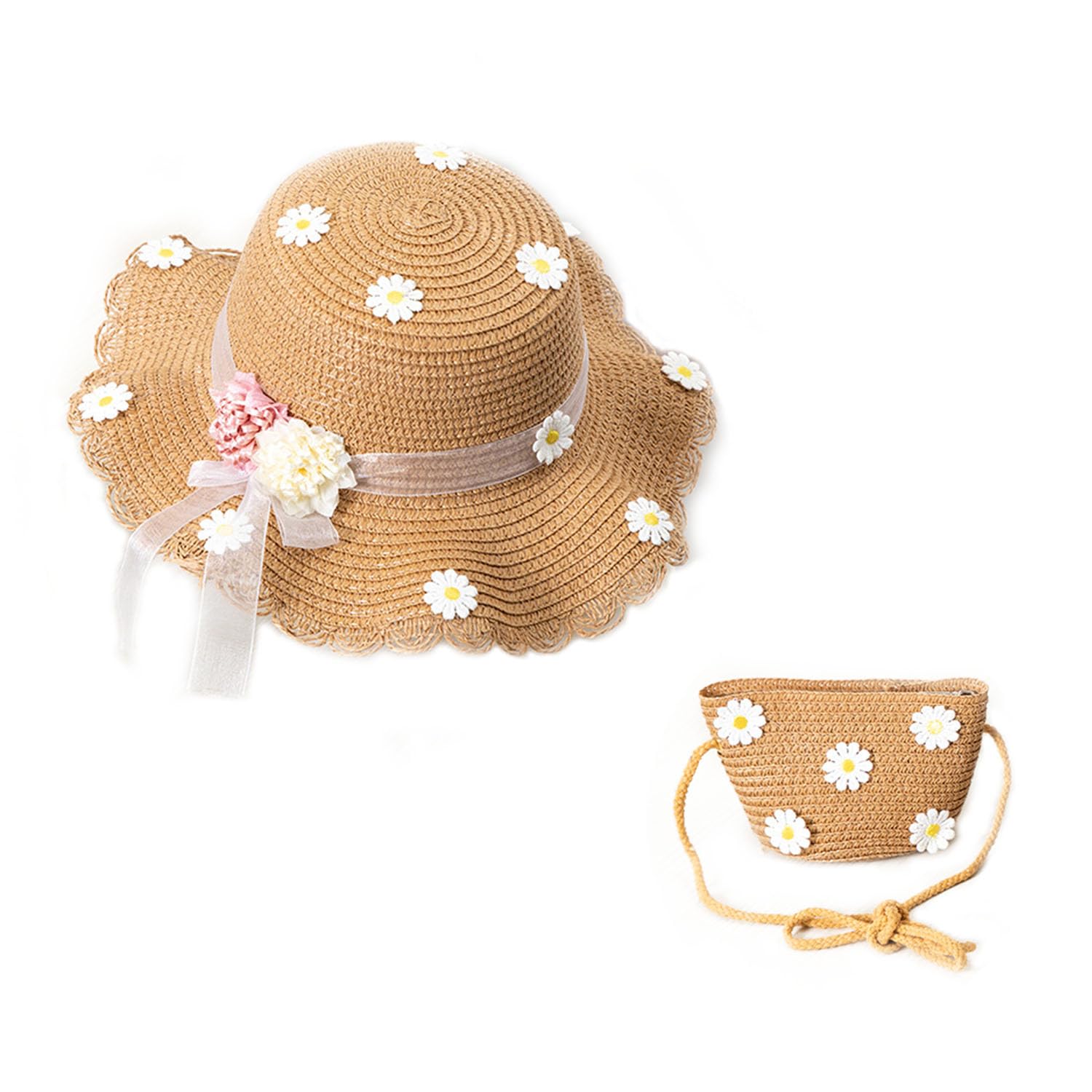 Chapeaux De Paille Filles, Chapeau avec Sac, Chapeau De Soleil en Paille pour Enfants, Rose, Kaki, Papyrus