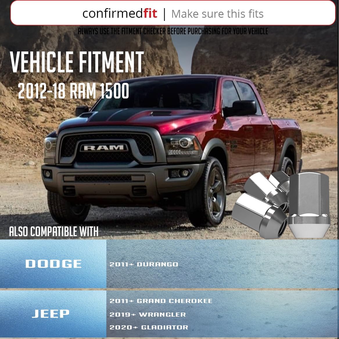 Wheel Accessories Parts 20 Pcs M14x1.5 14x1.5 Thread Premium OEM Style Lug Nuts 1.65" Long Chrome 7/8" 22mm Hex Fits Jeep Wrangler Gladiator ｜ RAM 1500 1500 Classic 6509422AA ｜ 611-330