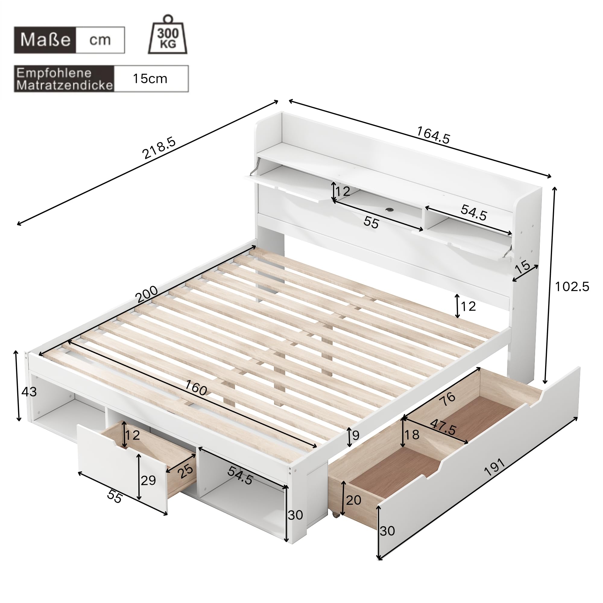 Lubvtti Letto imbottito con porta USB e cassetti e contenitore,letto matrimoniale con contenitore 160x200 cm,Testiera con vano portaoggetti,telaio del letto 160x200,senza materasso, bianco