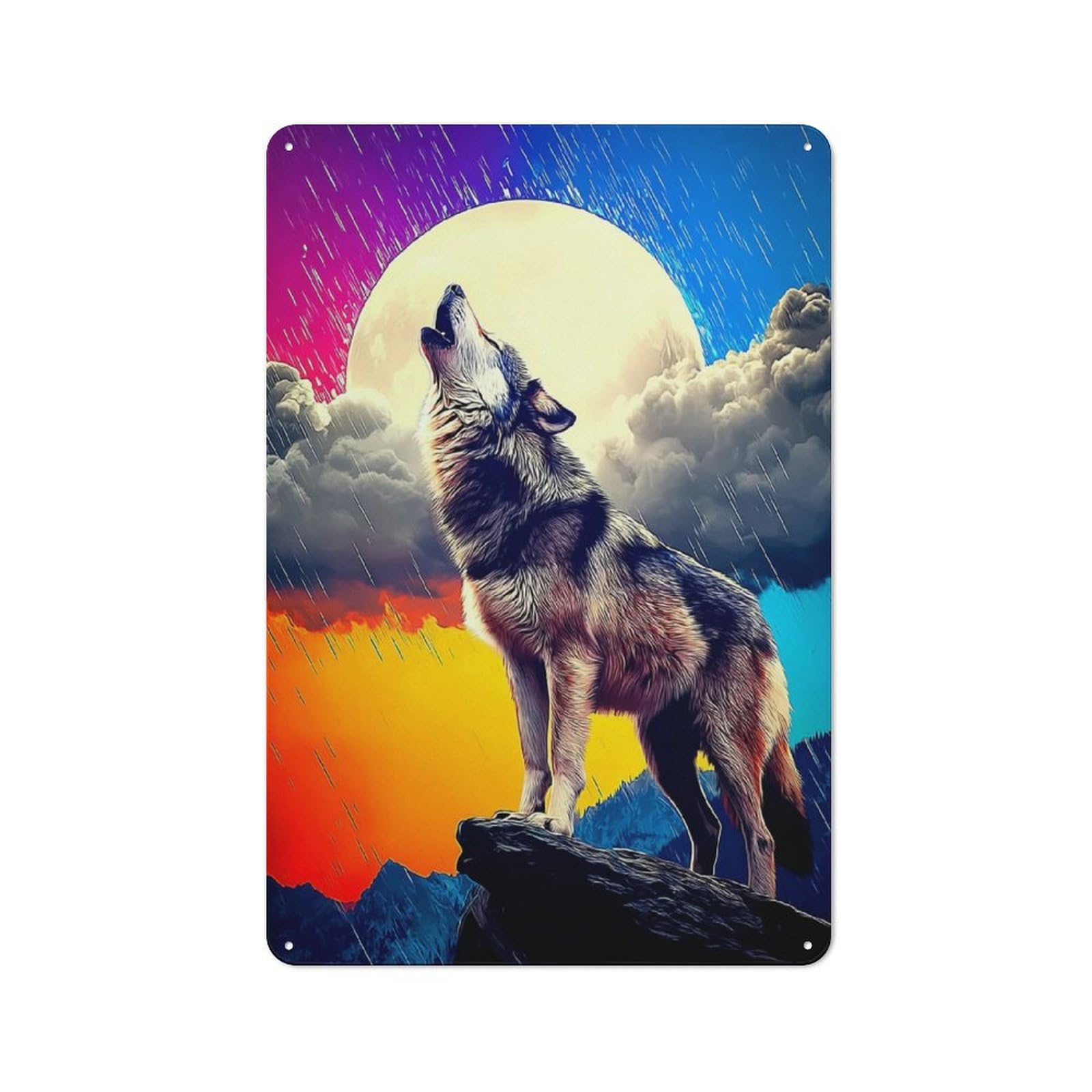 Junmoney Howling Wolf Under Moonlit Sky Metal Wall Plaque With Design 30X20cm, Old Fashioned Vintage Wall Decor For Living Room, Hallway, Kitchen Or Cafe