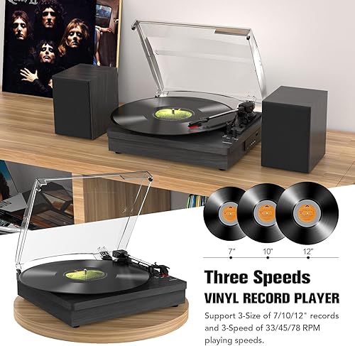 Miniatura 4 de Reproductor de discos de vinilo con dos altavoces estéreo, tocadiscos de reproducción Bluetooth con entrada de auriculares AUX de 3 velocidades y
