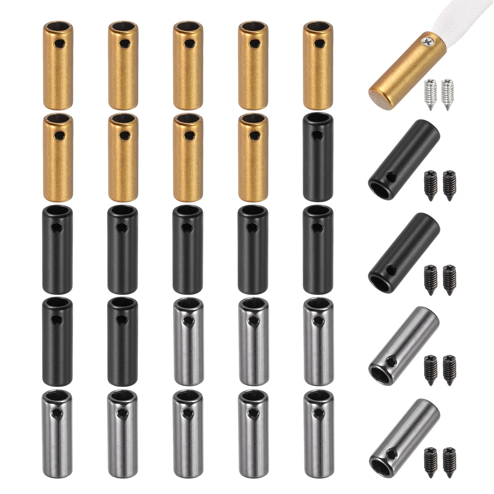 PATIKIL 30 Pcs Shoelace Tips, 12.5mm Metal Aglets Shoes Lace Cords End Tip Cap Replacement with Screw for Canvas Sneakers DIY Clothes Strings, Gold/Black/Light Black