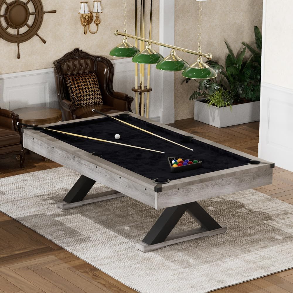 84" Pool Table with Billiard Balls, Cues, Pool Cue Chalk, Cleaning Brush, X-Legs, Black and Rustic Grey, 84.1" L x 46.5" W x 32" H