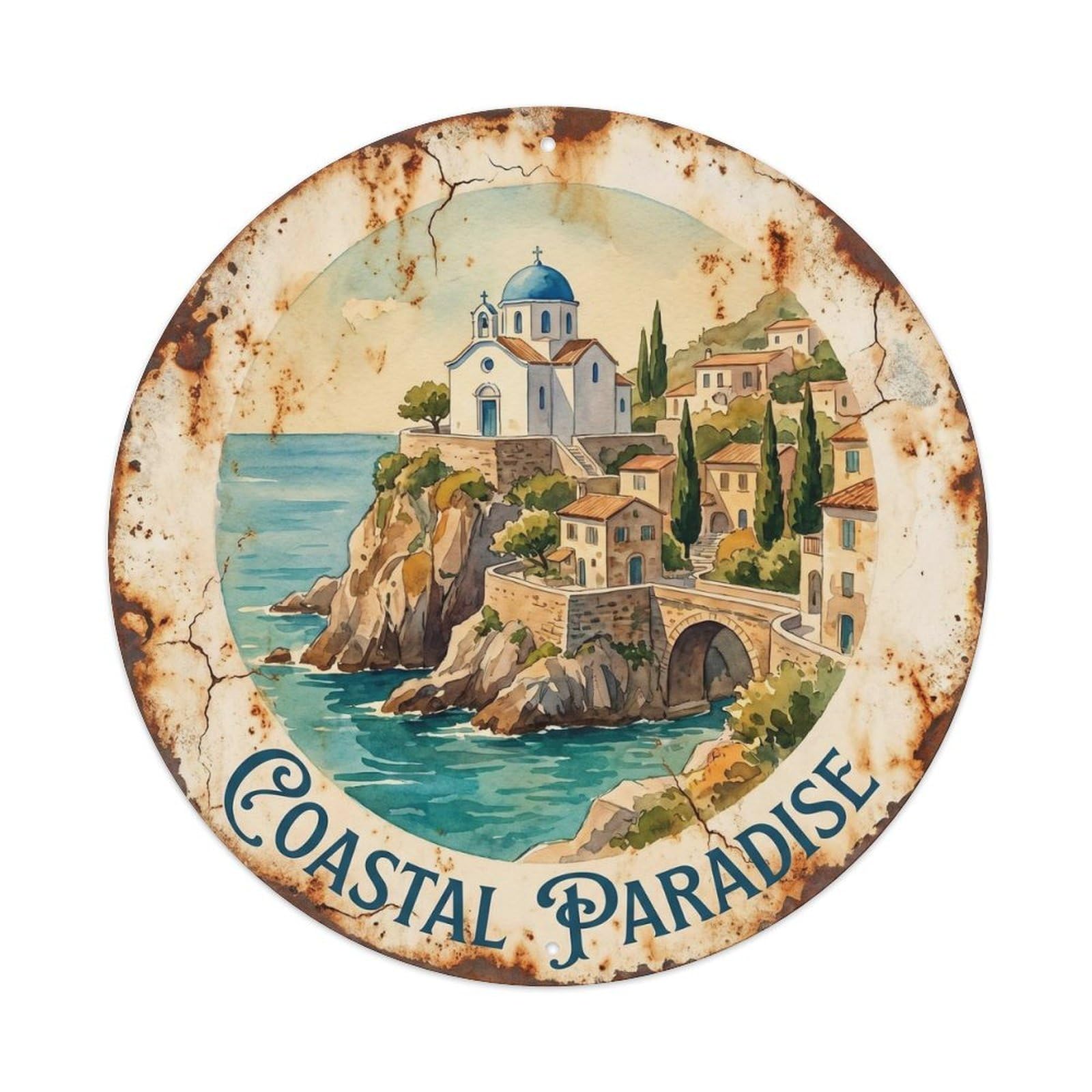 Italy Travel Seaside Cliff Chapel Coastal Village Destination Metal Tin Sign Plaque Wall Decor for Cafe, Man Cave, Club Bar, Office, Home Garden Round Metal Poster 8x8Inch