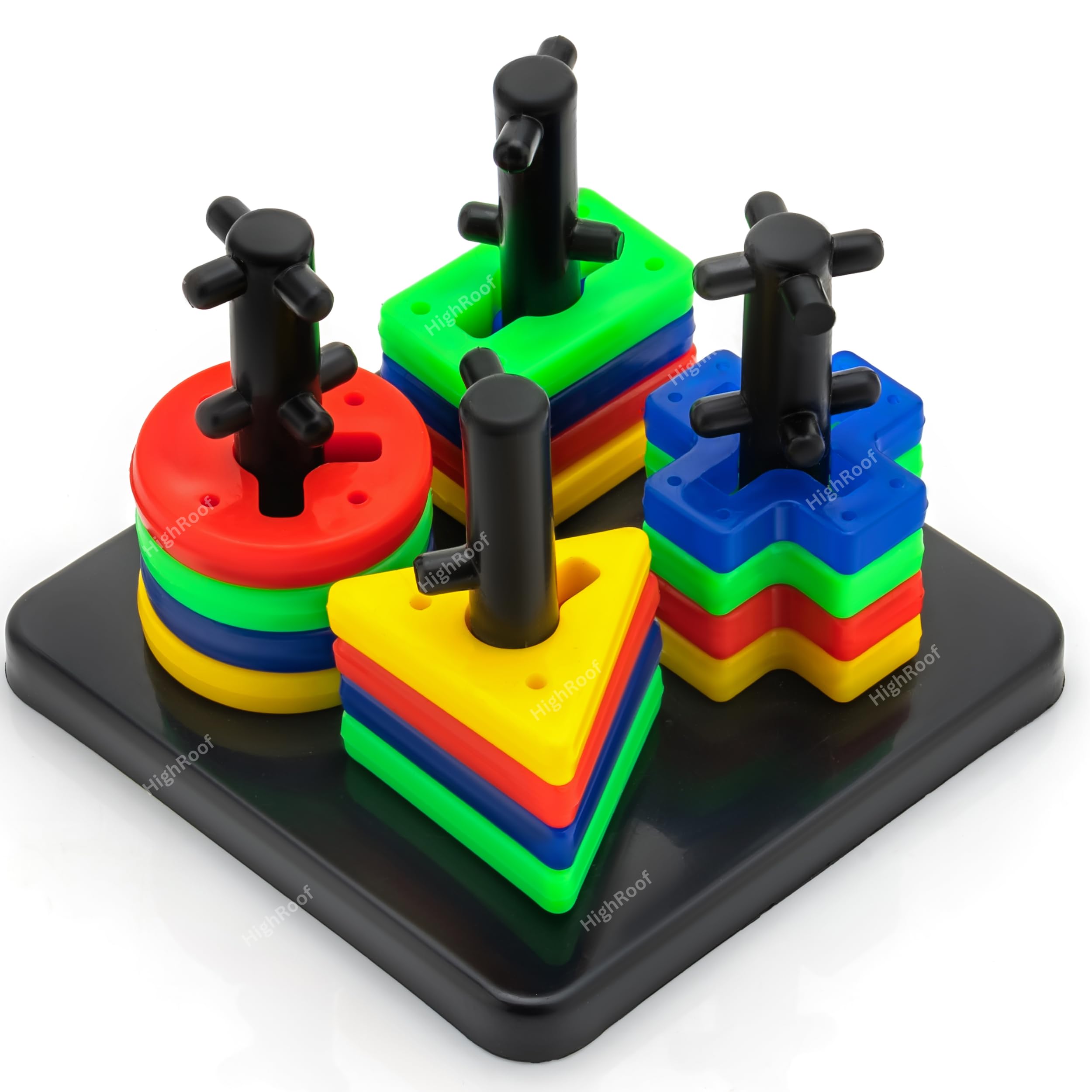 HighRoof 4 Shape Sorting & Stacking Toys Toddlers Color Recognition Stacker Montessori Shape Sorter Early Educational Blocks Puzzles 2 3 4 5 6 7 Years Old Age Boys Girls (4 Shapes-16 Pieces)
