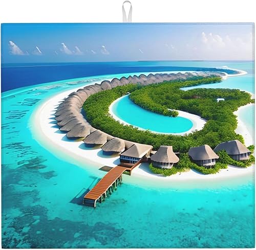 Miniatura 1 de YYHHAOFA Tapete de secado con diseño de paisaje de Maldivas para cocina absorbente de agua, antideslizante, con cordón para colgar 18 x 16 pulgadas