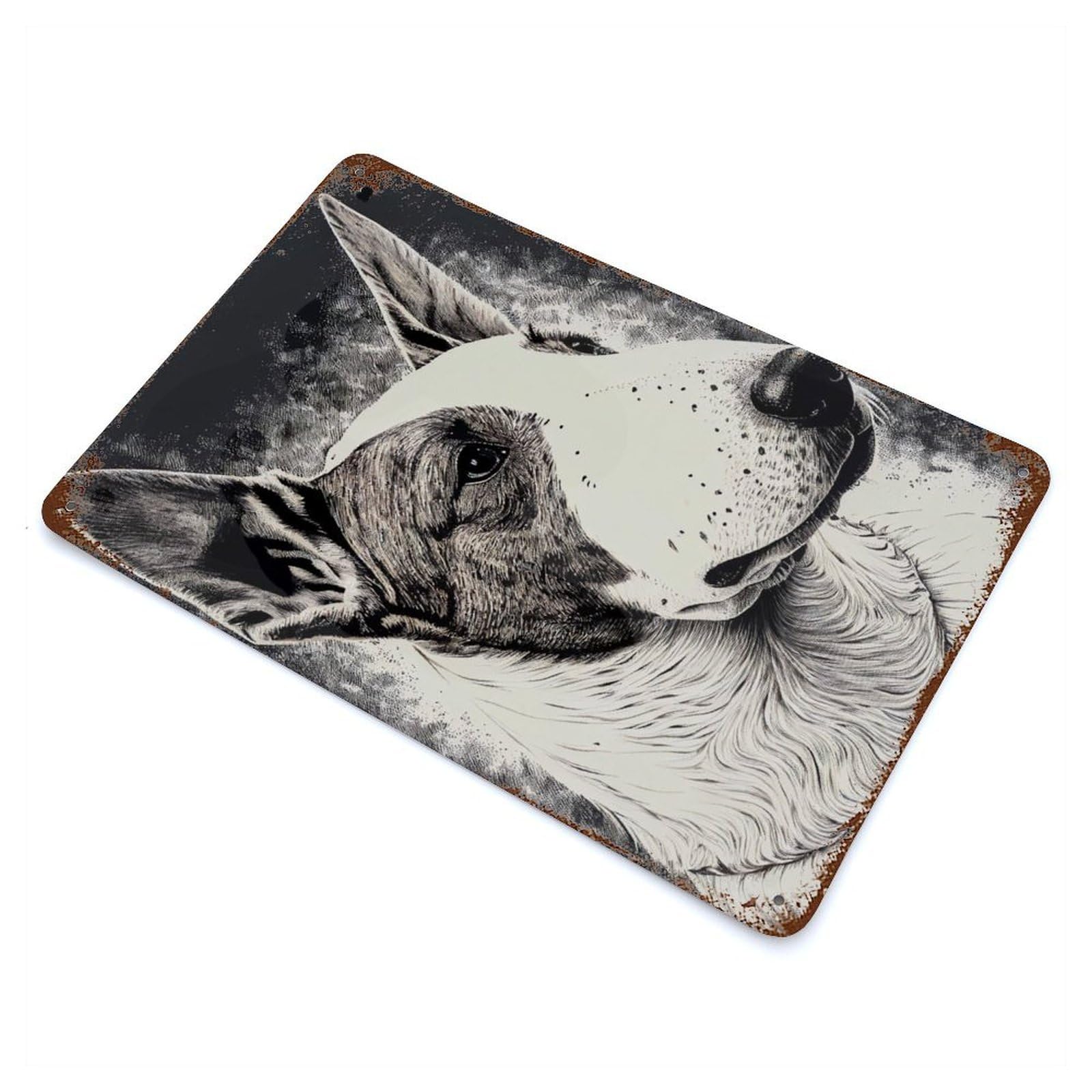 Bull Terrier Dog Drawing Rusty Metal Tin Sign 11.8"x7.9", Ideal for Farmhouse, Kitchen And Entryway Decor