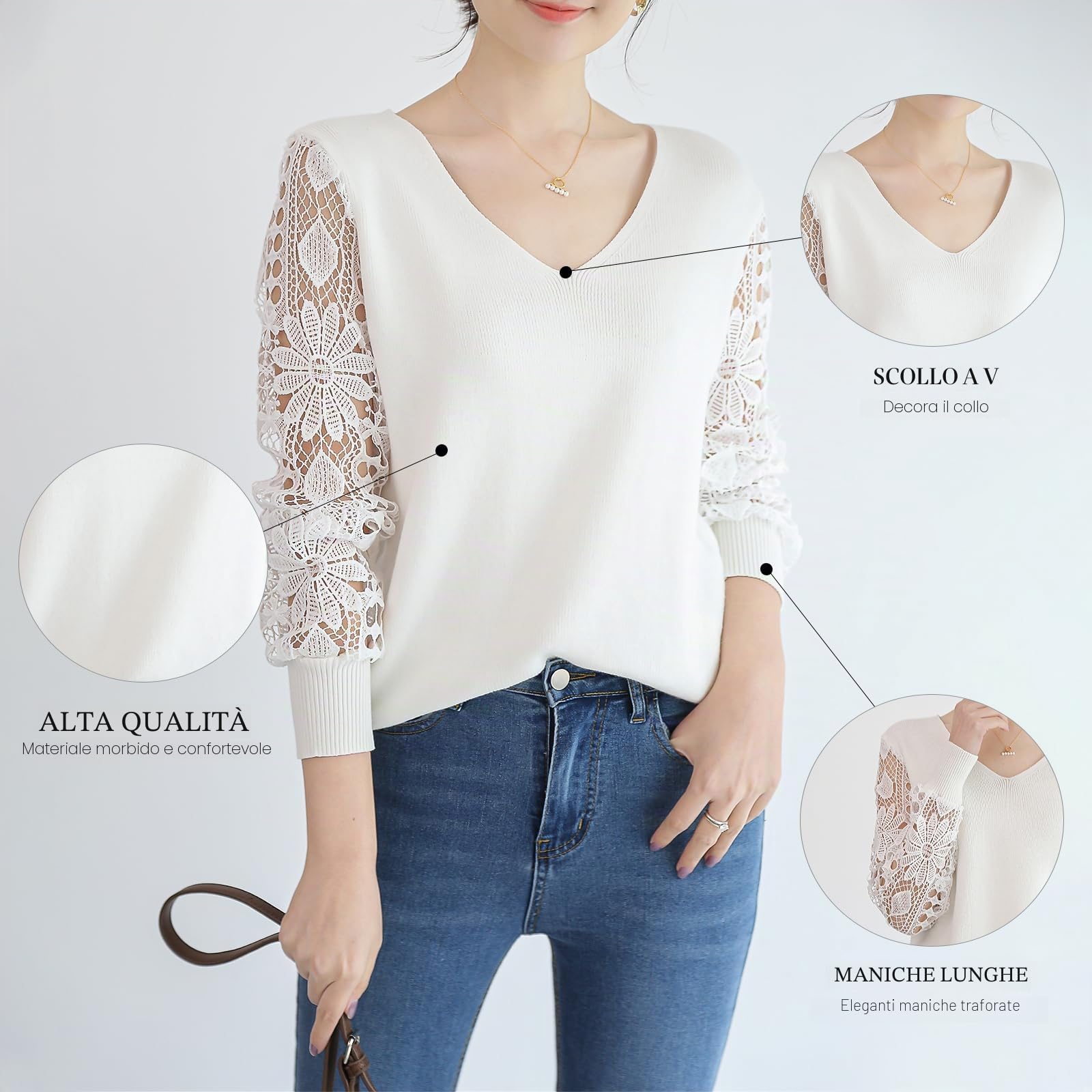 Qin Derdom Maglione in Pizzo da Donna - Elegante Pullover con Scollo a V e Occhielli all'Uncinetto, Manica Lunga, Maglia Leggera Traforata
