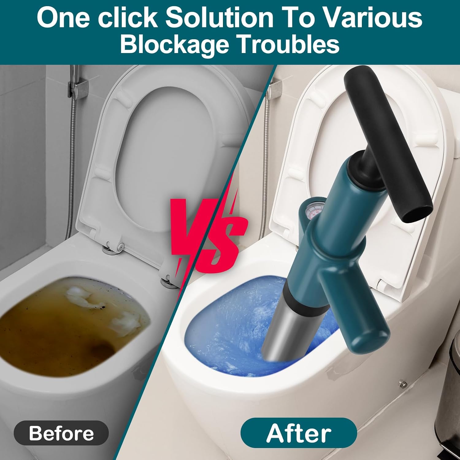 Vertdens Toilet Plunger，Toilet Plunger Air Drain Blaster, High Pressure Drain Plumb Plunger Gun,High Pressure Air Drain Blaster Gun with Real-Time Barometer,Stainless Steel Air Plungers
