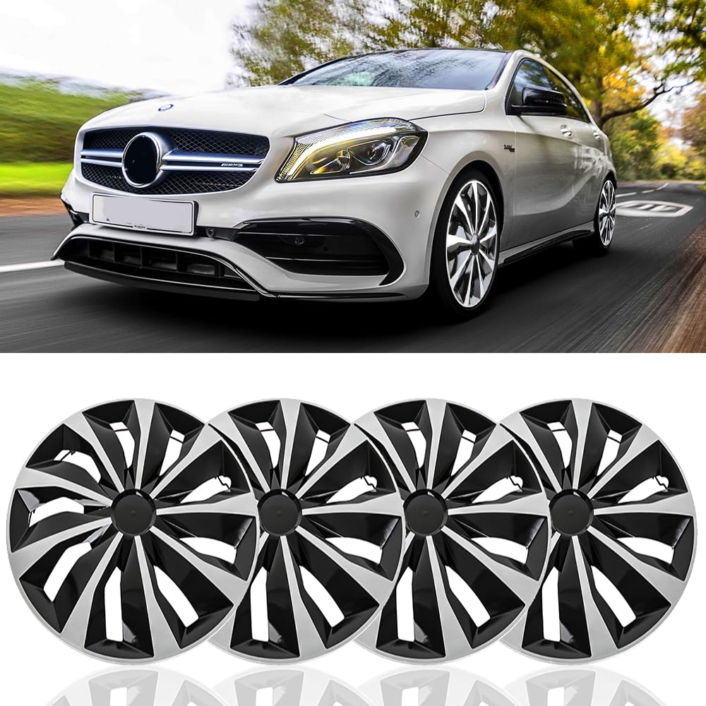 DREAMIZER Black with Sliver 15" Hubcaps Replacement,4Pcs Universal R15 Hub Caps 15inch Wheel Rim Cover Exterior Accessories Snap On Car Truck SUV