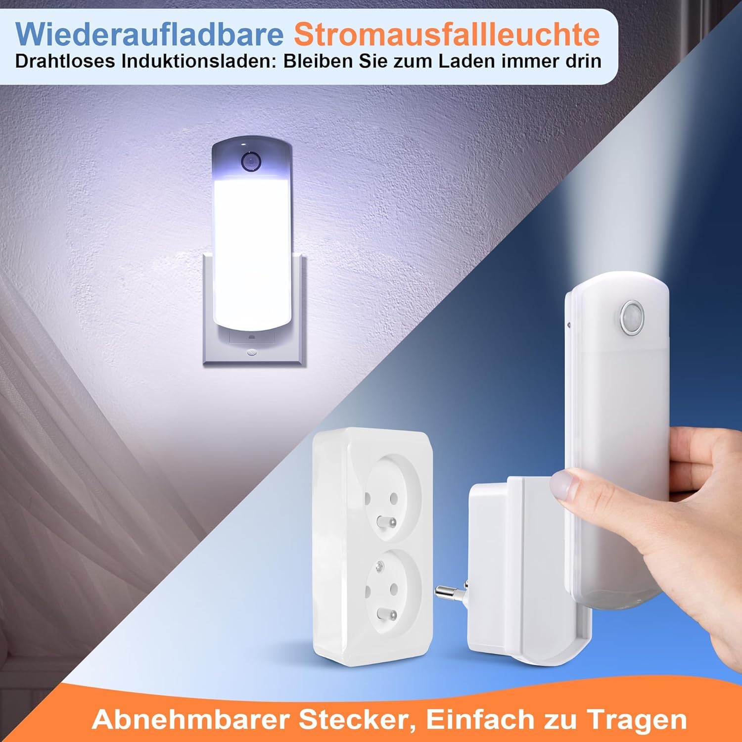 Enhon 2 Lámparas Nocturnas con Detector de Movimiento Linternas de Noche con Sensor Luces de Emergencia con Enchufe EU Foco LED 4 en 1 Extraíble con Batería para Corte de Energía Huracán