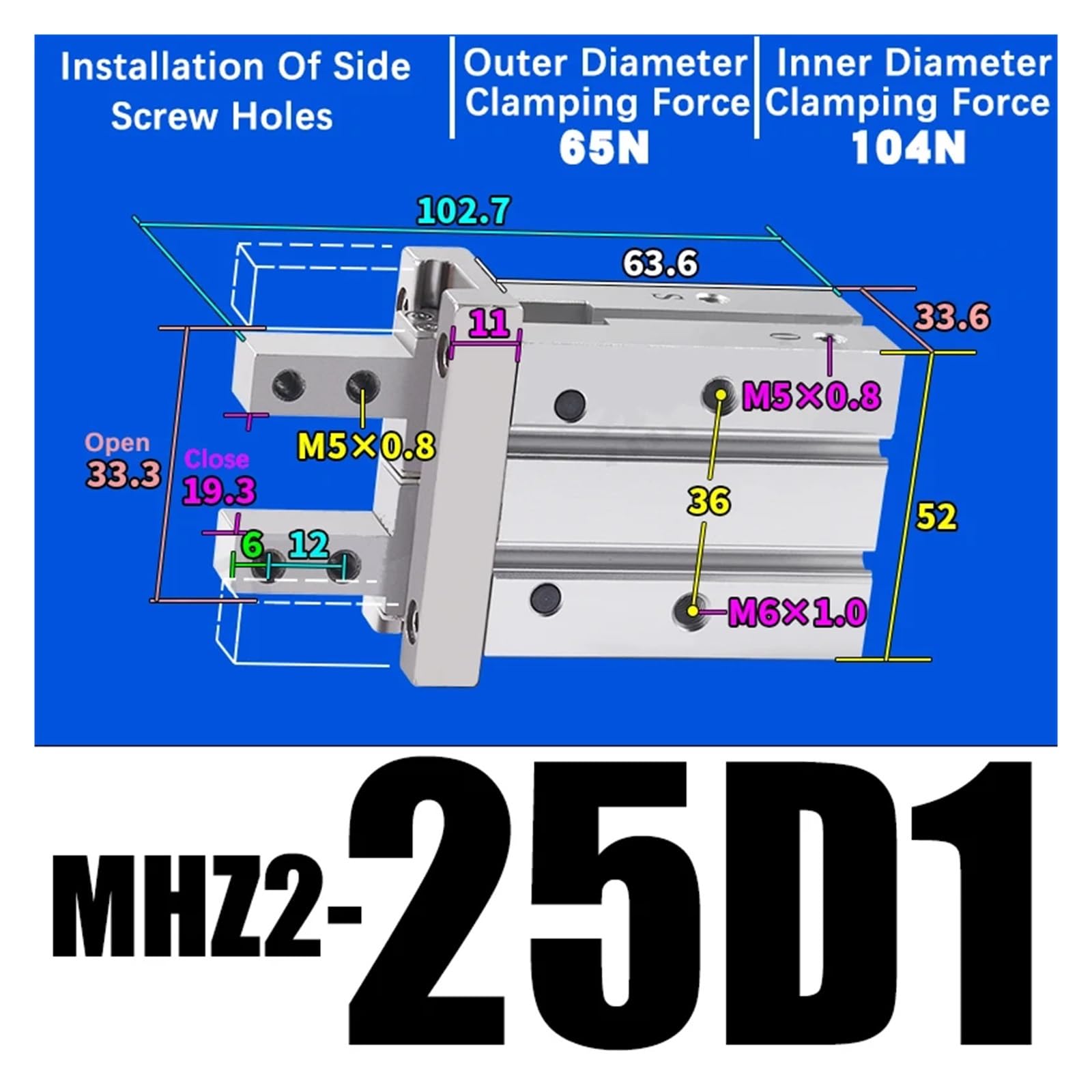 1 szt. MHZ2 Opona Palec Cylinder Równoległy Szczypce MHZ2-10/16/25/32/40D1/D2/D3 Aluminiowe zaciski z drutu bocznego(MHZ2-25D1)