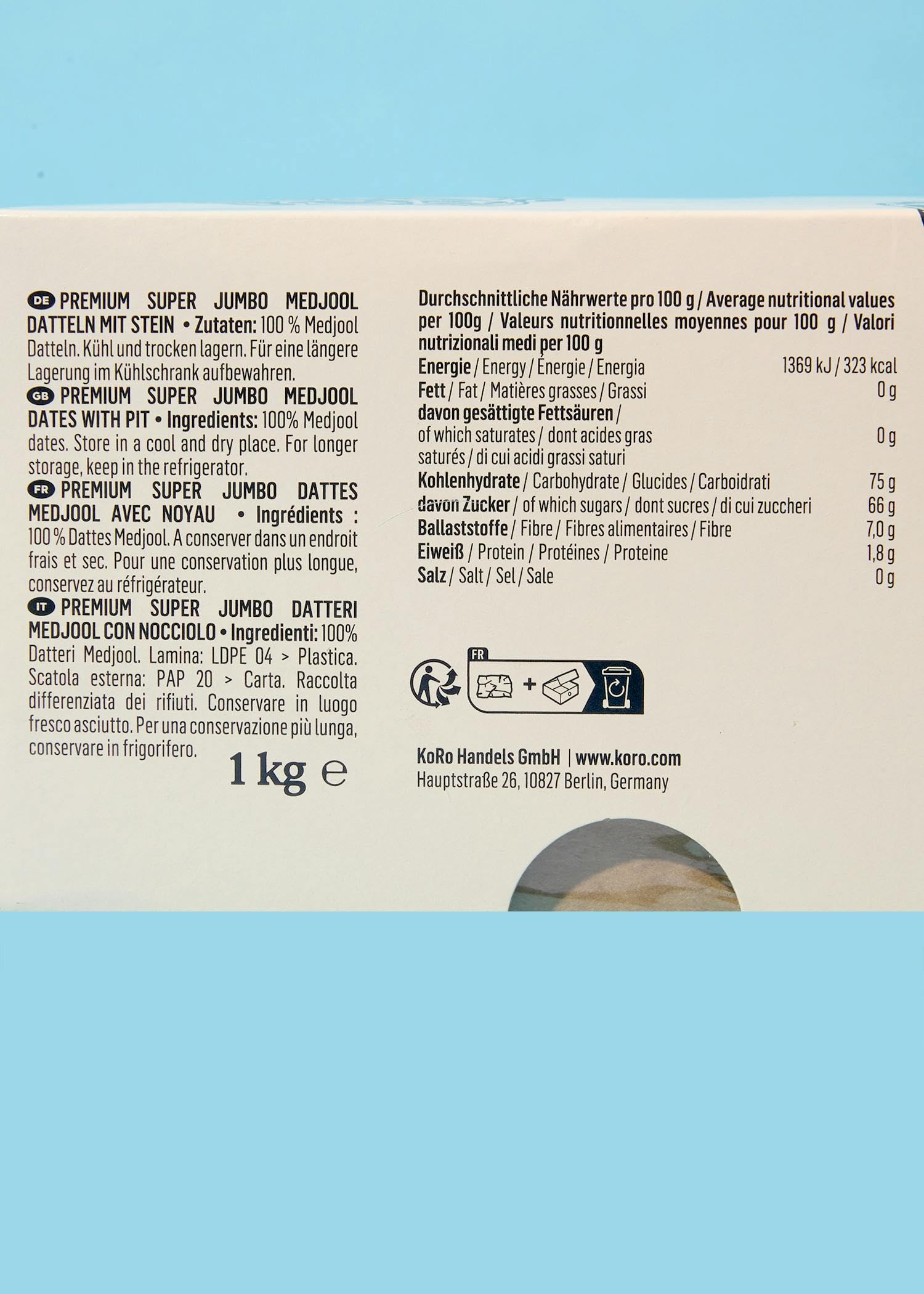 KoRo - Premium Medjool Datteln mit Stein, Medjool Plus 1 kg - Süß und saftig - Ballaststoffreich - Ohne Zuckerzusatz*