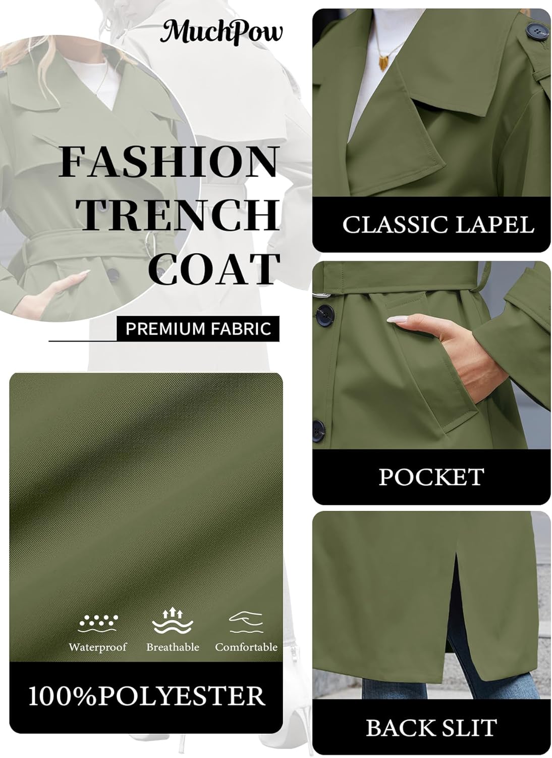 Muchpow Women's Long Trench Coat Double Breasted Lapel Oversized Windproof Overcoat with Belt - Image 2