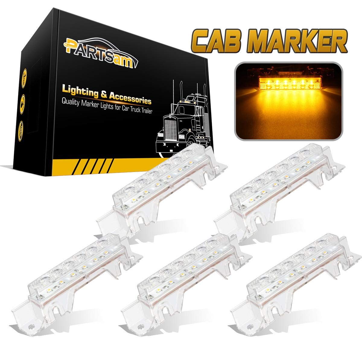 Partsam 5PCS Clear Lens 6LED Amber Cab Light Truck Trailer Top Cab Marker Roof Running Light Waterproof Reflective Lights Assembly Compatible with Volvo 2004 VN/2003-2020 VNL Trucks
