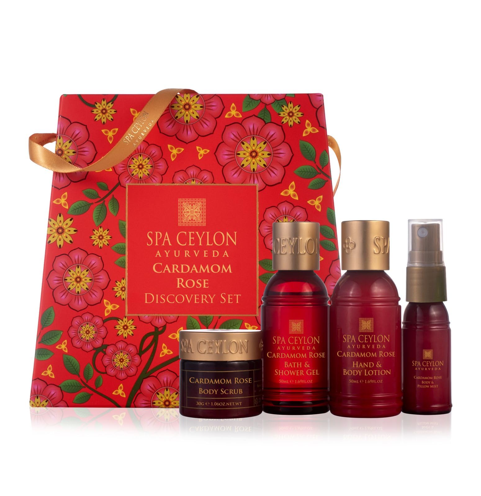 Spa Ceylon Cardamom Rose Discovery Set | Mind & Body Care Travel Size Set for All Skin Types |Body & Pillow Mist |Bath & Shower Gel | Hand & Body Lotion | Body Scrub